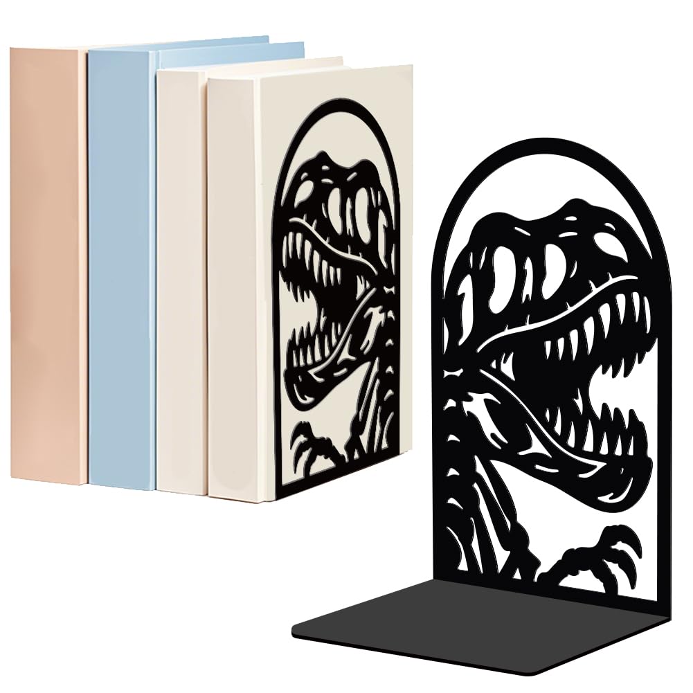 WADORN 1 Pair Tyrannosaurus Rex Skull Metal Decorative Bookend for Shelves, Heavy Duty Book Ends Modern Non-Skid Books Holder Stand Black Book Support Stoppers for Desk Office Home, 5.3x4.3x7.8 Inch