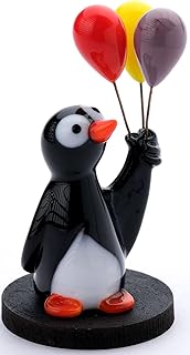 Glass Penguin Figurine (Black / 2.1 Inch), Hand Blown Penguin Figurine with Balloons for Desk Decor, Murano Glass Miniature Animal, Tiny Glass Penguin Sculpture, Handmade Penguin Gift with Glass Art