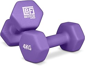 Pair of 4kg Hex Anti Roll Non Slip Neoprene Dumbbell Weights For Exercise, Fitness, Workouts, Lifting with Exercise Chart