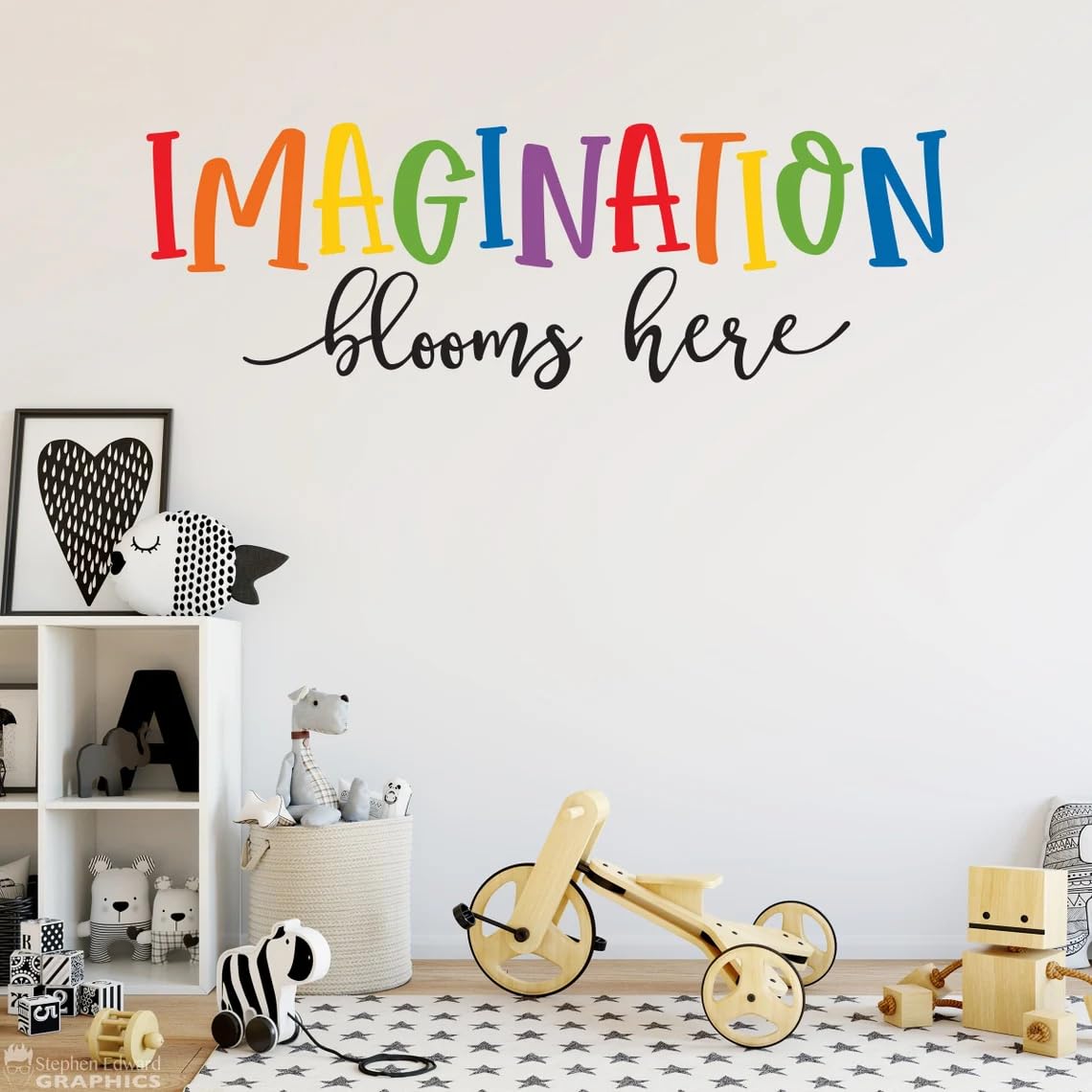 Finduat Imagination Blooms Here, calcomanía de pared con cita inspiradora, decoración de aula, dormitorio de niños o sala de juegos
