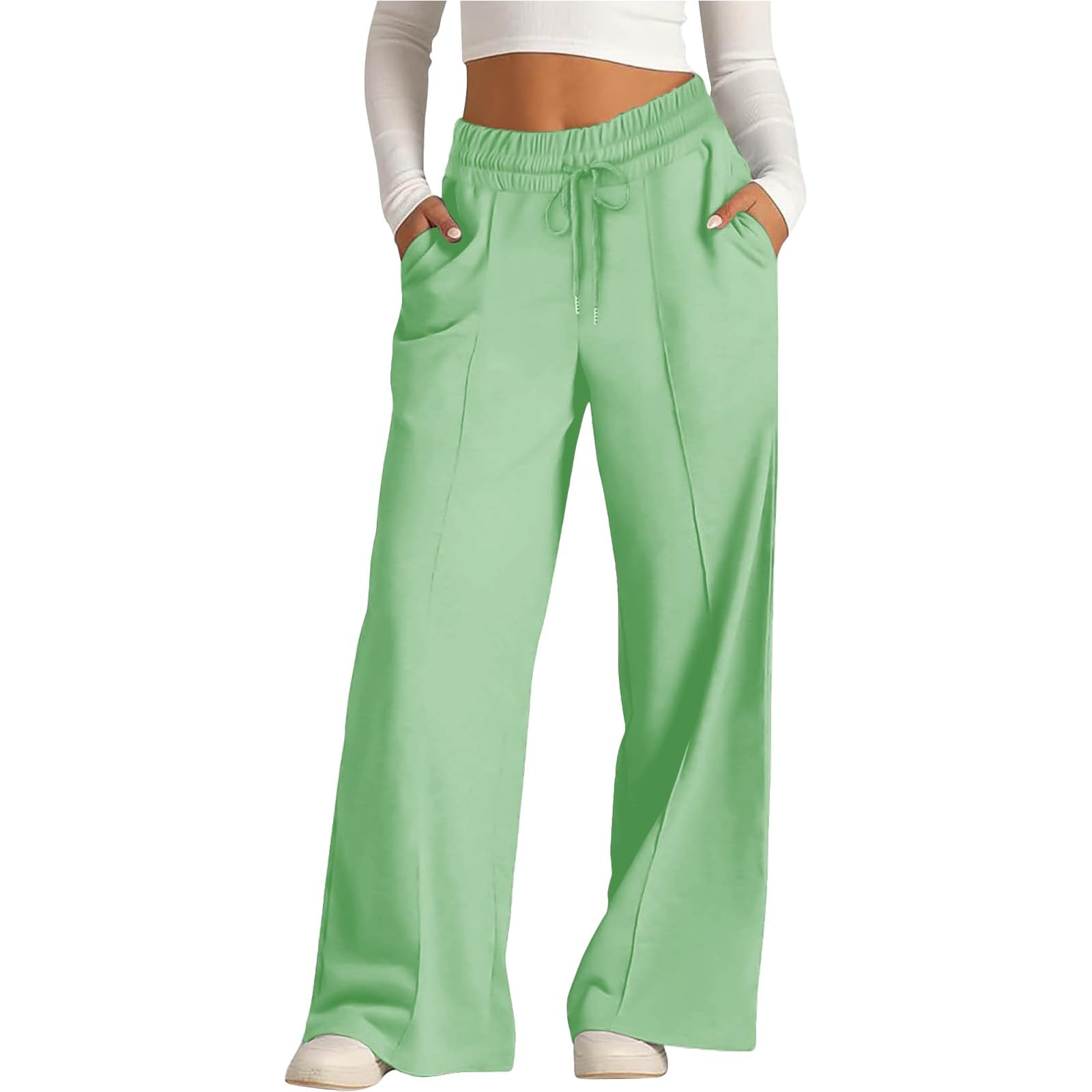 Generisch Pantalon de randonnée baggy long et léger pour femme - Pantalon d'été décontracté en mousseline avec poches - Élégant pantalon en lin - Pantalon d'été aéré - Jambe large - Pantalon de sport
