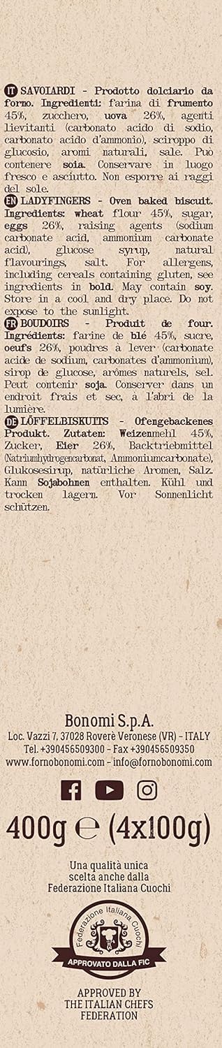 Forno Bonomi, bizcochos italianos con cuchara, Savoiardi, ladyfingers, para tiramisú, galletas, galletas, 10 x 400 g + polpa italiana gourmet 400 g