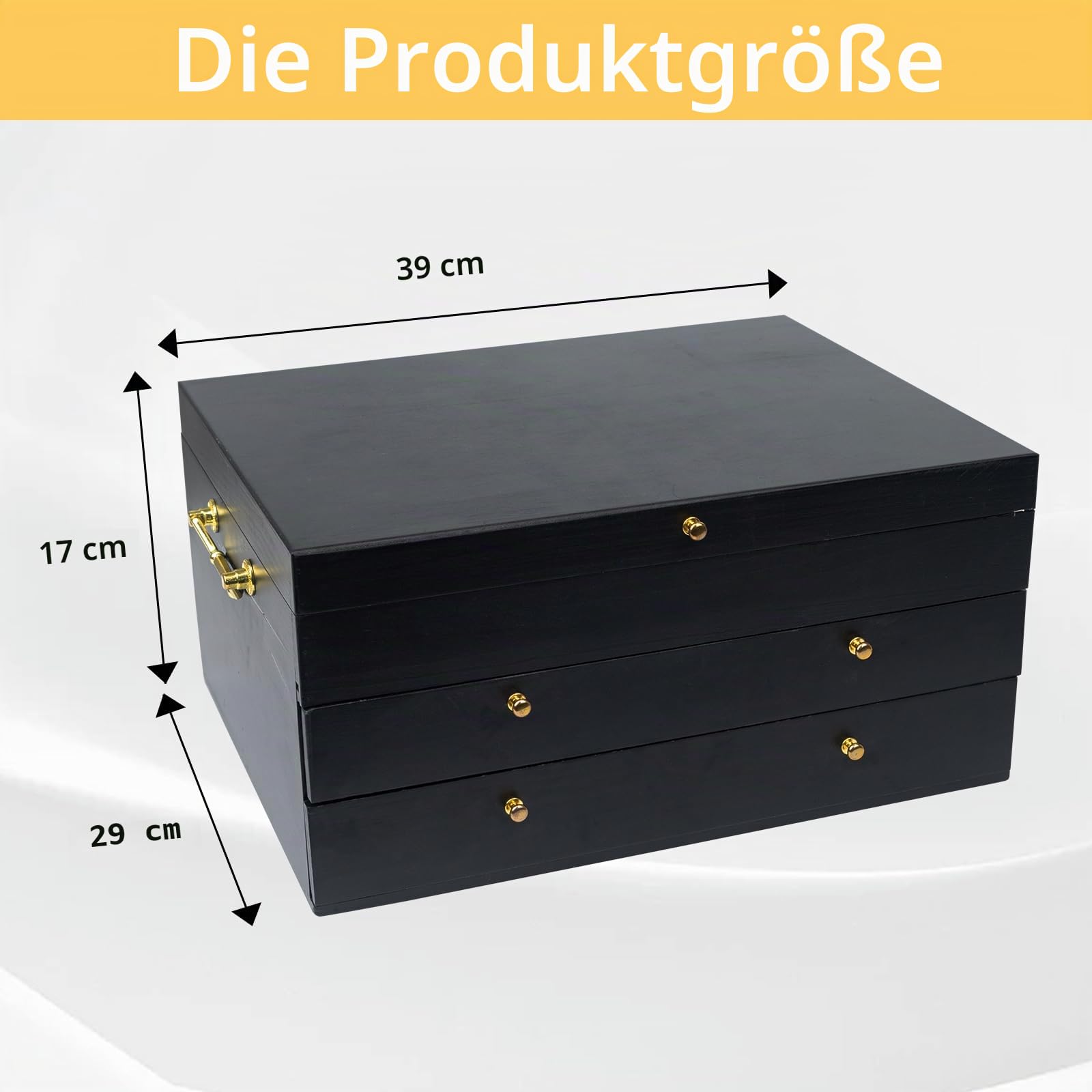 WodGod Besteck-Aufbewahrungsbox, 3-lagig, Holz, Bestecktruhe mit Schublade, 39 x 29 cm, Besteck- und Utensilien-Organizer für Küche (Besteck nicht im Lieferumfang enthalten) (Schwarz