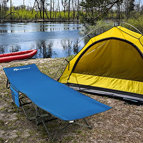 Goplus Folding Camping Cot, 27.5" Sleeping Cot For Adults With Carry Bag, 600Lbs Weight Capacity, Slanted Head, Side Pocket, Heavy Duty Portable Camping Bed For Kids, Beach, Office Snap (Blue) #TOP7