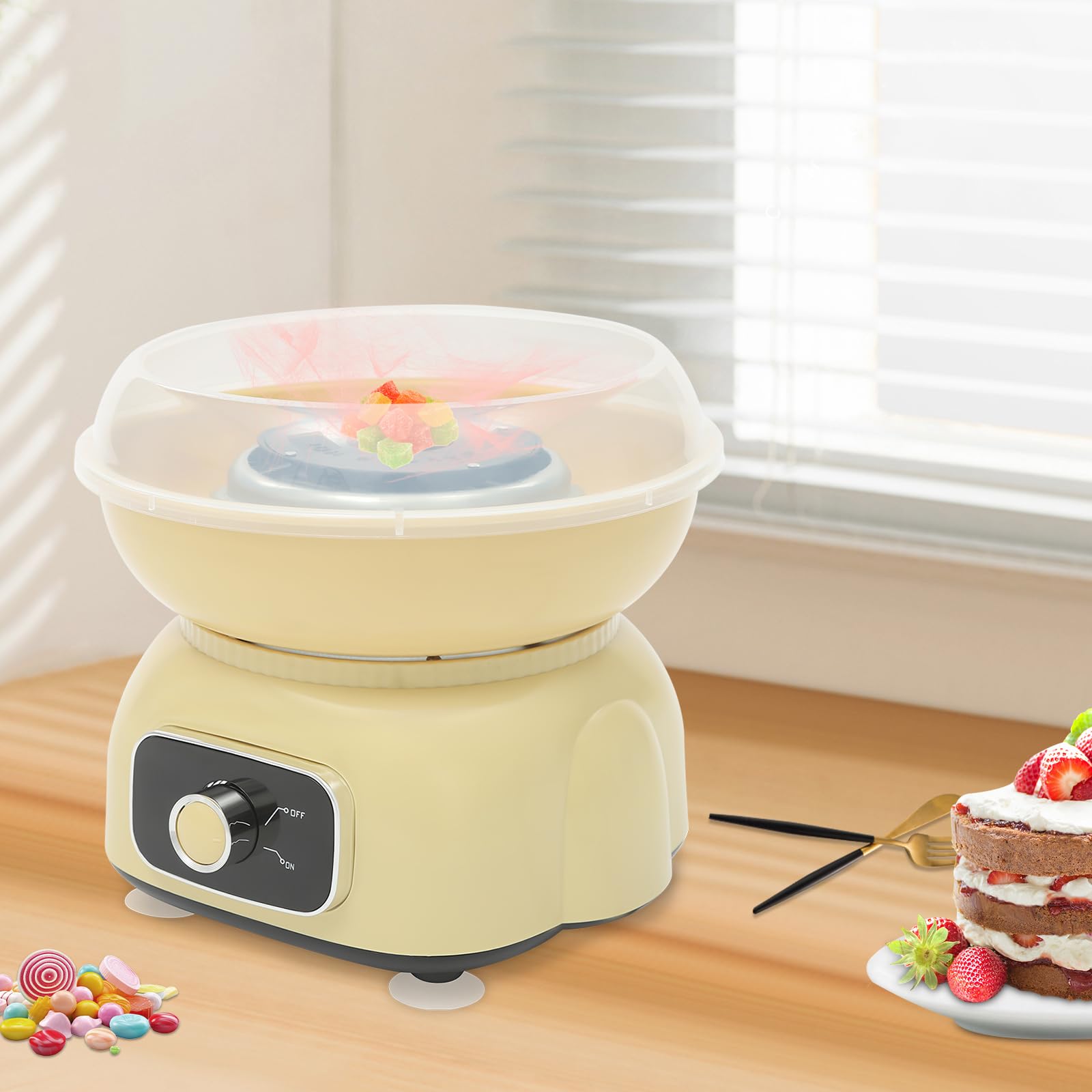Macchina Zucchero Filato Casa Cotton Candy Maker con 10 bastoncini di bambù e paraspruzzi, Zucchero Filato per Compleanno Bambini, Feste, Giallo
