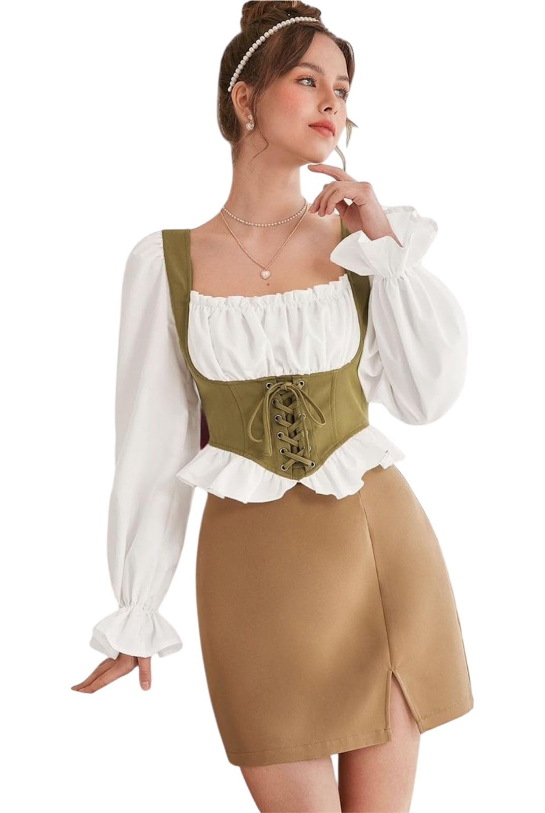 Women's Western Style Top with Puff Sleeves, Black and White, Lace-Up Front Detail-picture-36