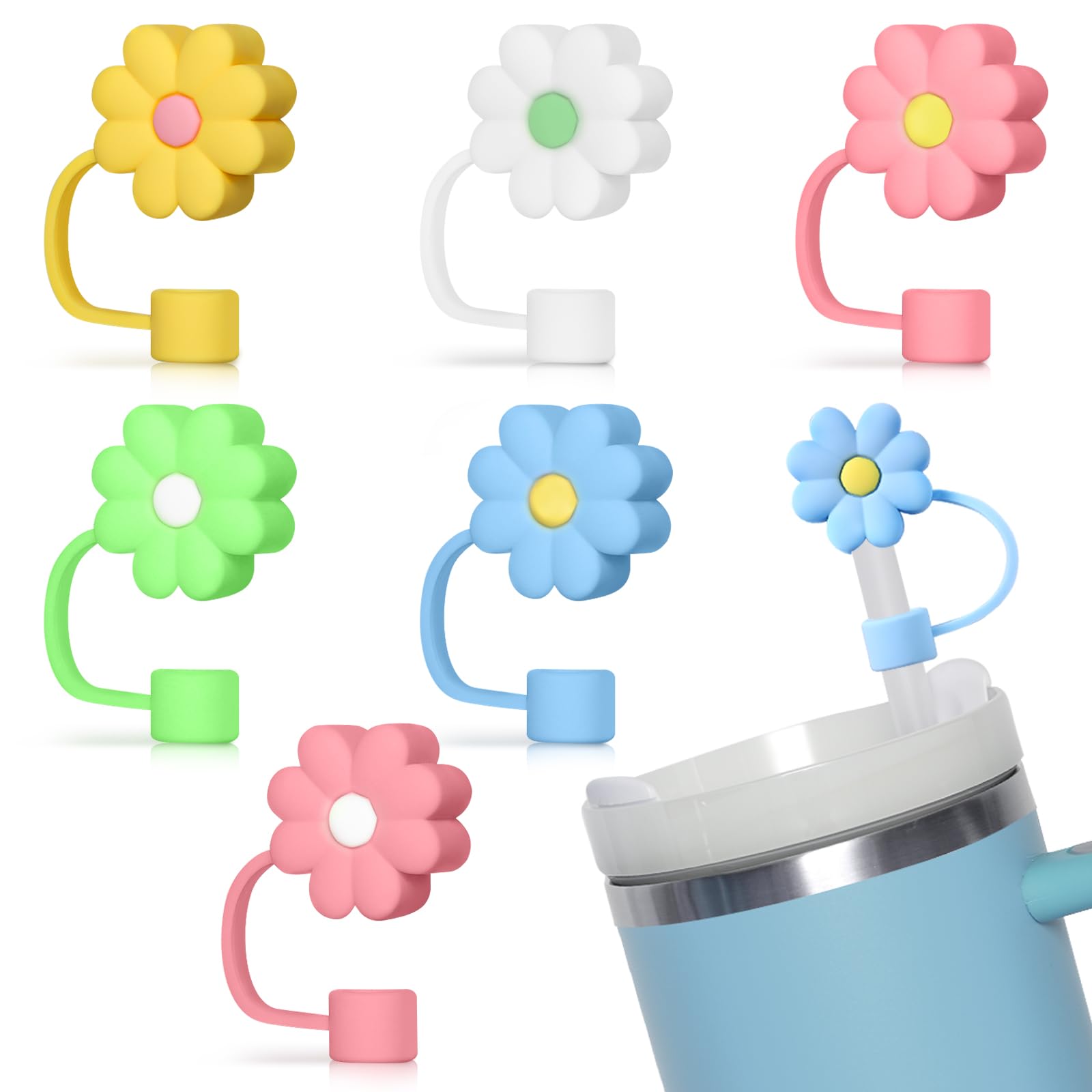 ALKNOT 6Pcs 0.4in Diameter Cute Silicone Straw Covers Cap for Stanley Cup, Dust-Proof Drinking Straw Reusable flower straw cover Tips Lids fit Stanley 30&40 Oz tumbler Yellow/White/Blue/Pink Yellow/Green White/Pink