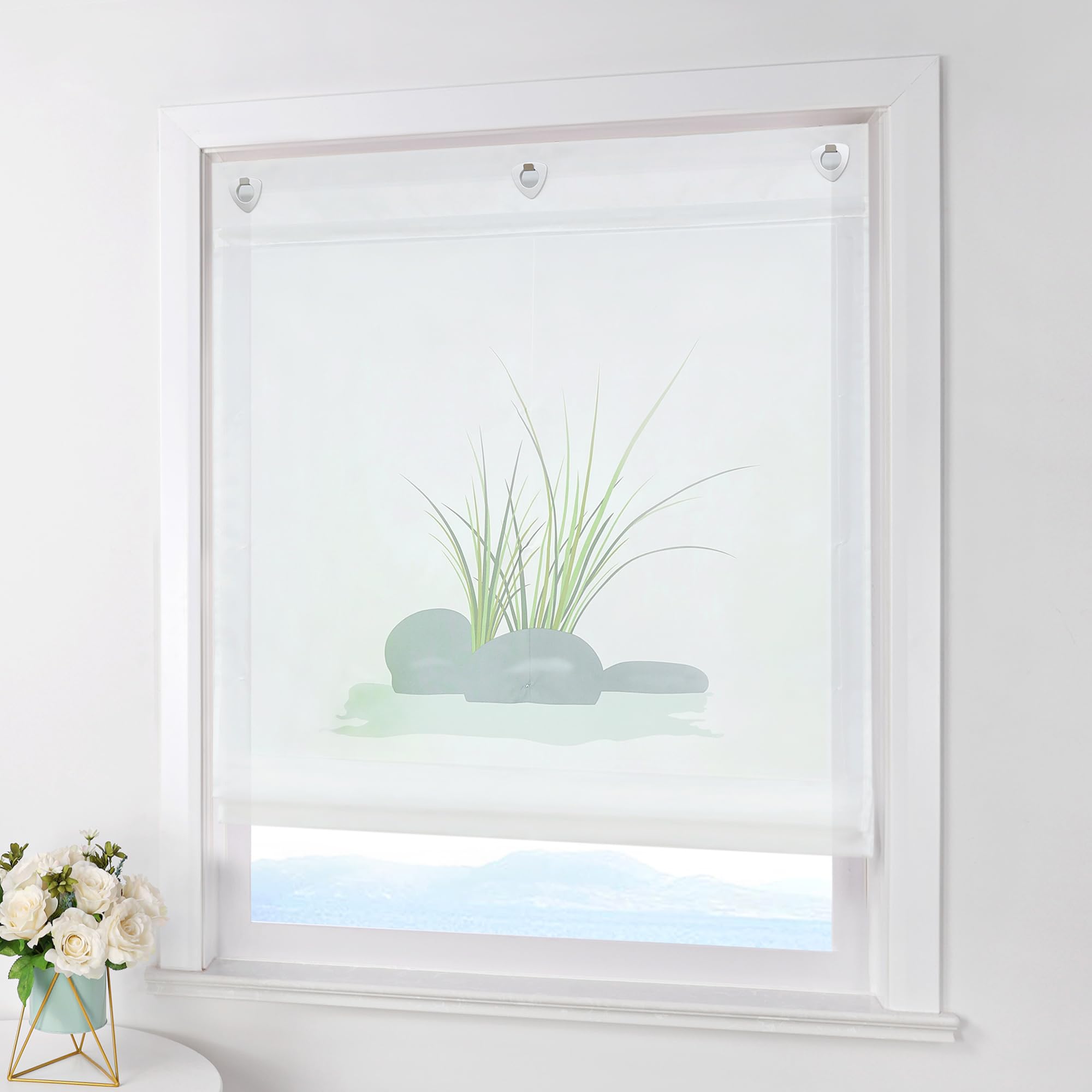 ESLIR Raffrollo Ohne Bohren Gardinen Küche Raffgardinen mit Ösen Transparent Ösenrollo Vorhänge mit Glas Druck Voile Weiß BxH 120x140cm 1 Stück