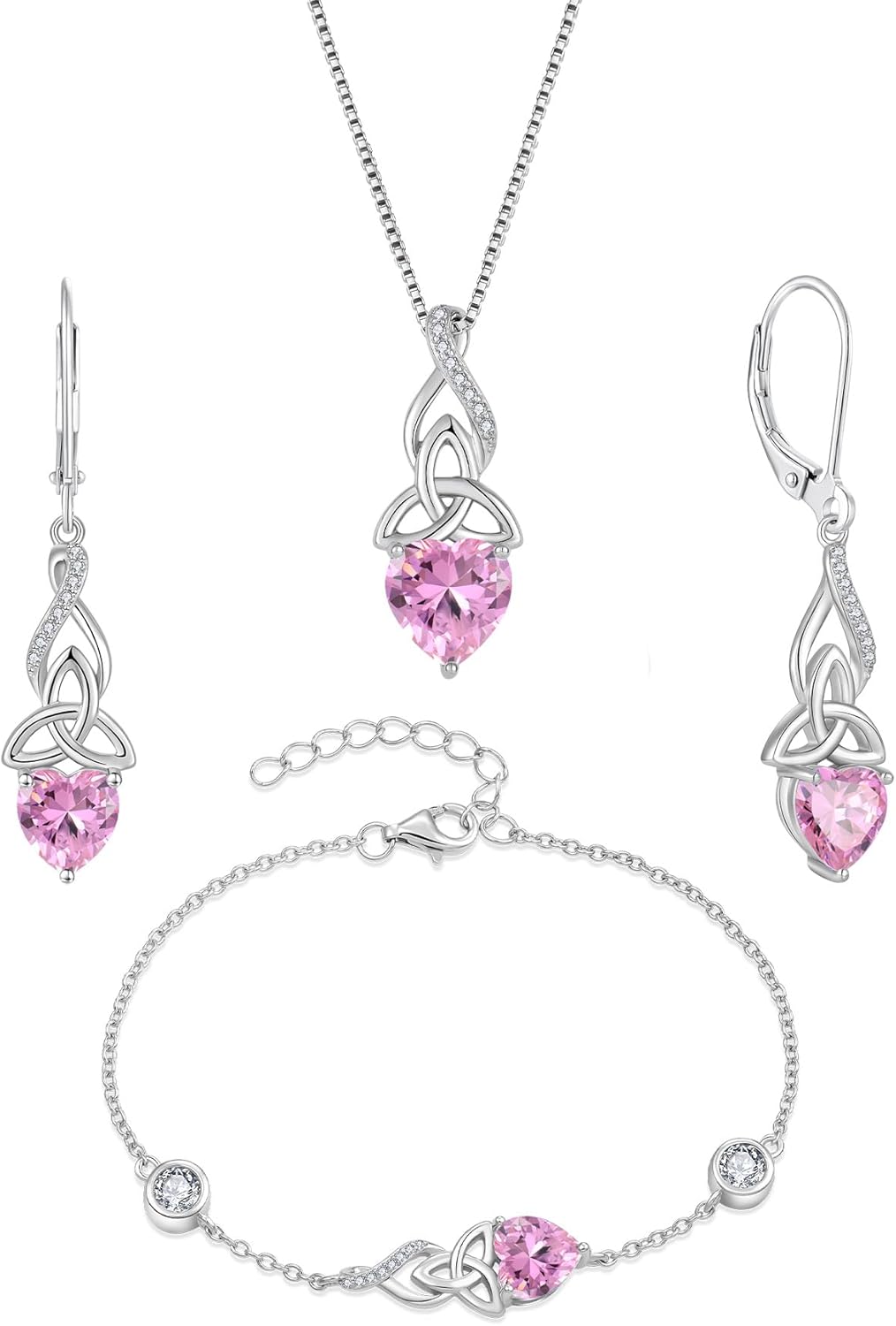 Infinity Celtic Knot Jewelry Set for Women 925 Sterling Silver Irish Necklace Pink Tourmaline Dangle Drop Leverback Earrings and Bracelet October Birthstone Jewelry Gifts for Her