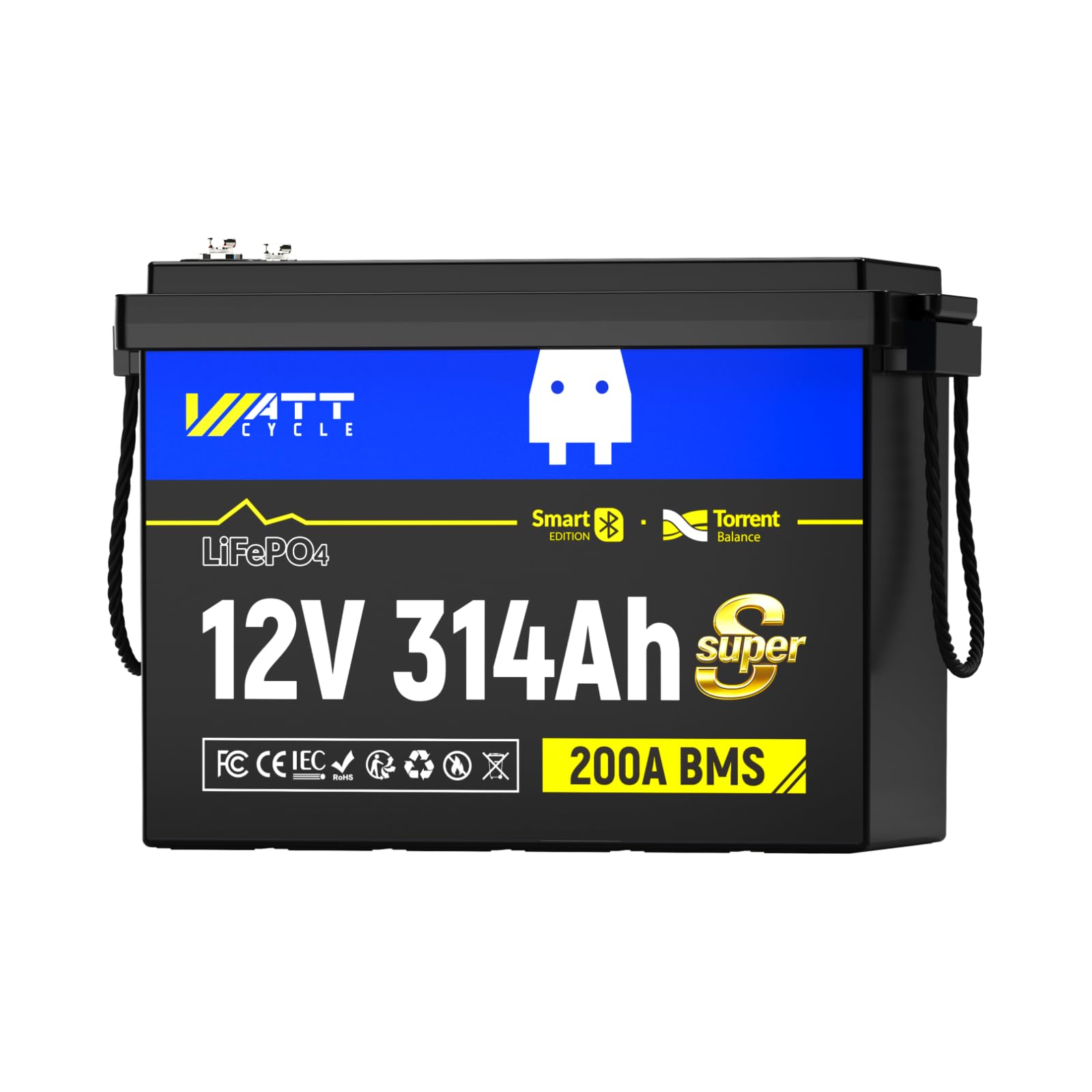 Wattcycle Batterie LiFePO4 12 V 314 Ah avec Bluetooth, BMS 200 A, Équilibreur Actif 3 A, Commutateur Intelligent 4-en-1, pour Camping-Cars et Installations Solaires