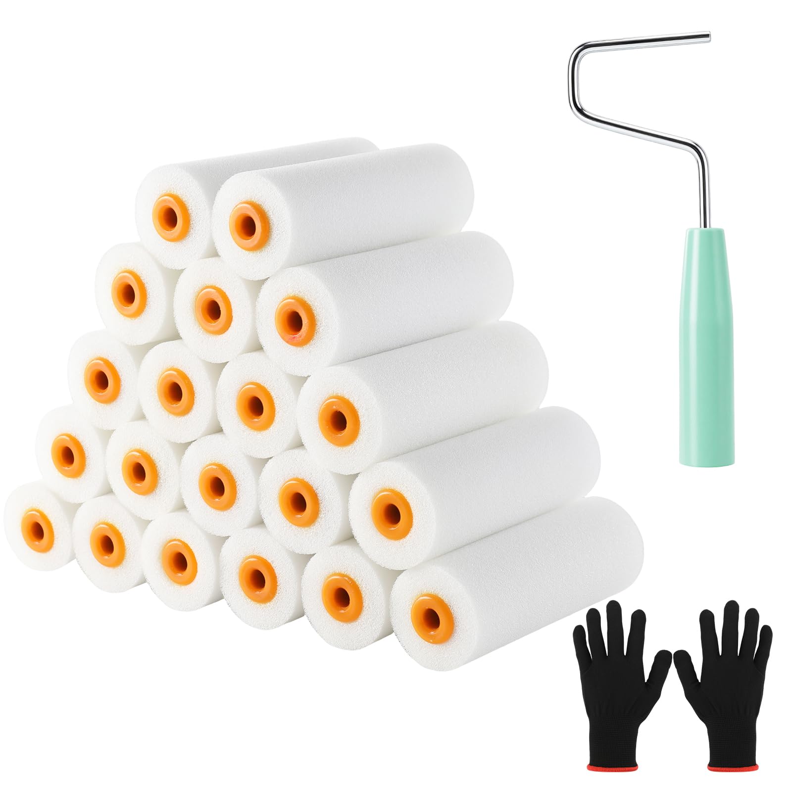 Set de 20 Rodillos Espuma Pintura, Rodillo Pintura 10cm con Mango Guante, Rodillo de Espuma, Rodillo de Pintura para Todas las Superficies Lisas, Puertas, Mesas, Paredes, Armarios