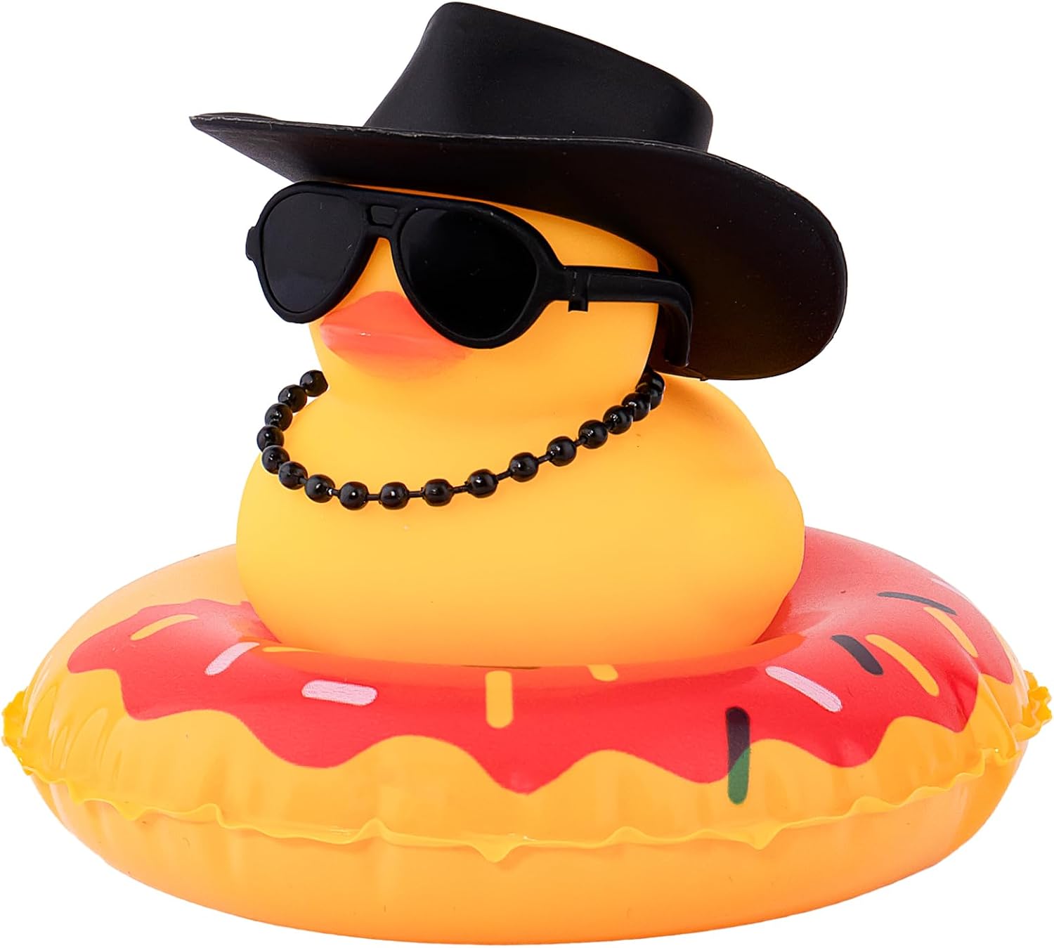 wonuu Rubber Duck Car Decorations Cute Car Accessories Dashboard Car Ornament with West Cowboy Hat Swim Ring Colour Necklace and Sunglasses,A_Black&Necklace Cowboy hat red Ring