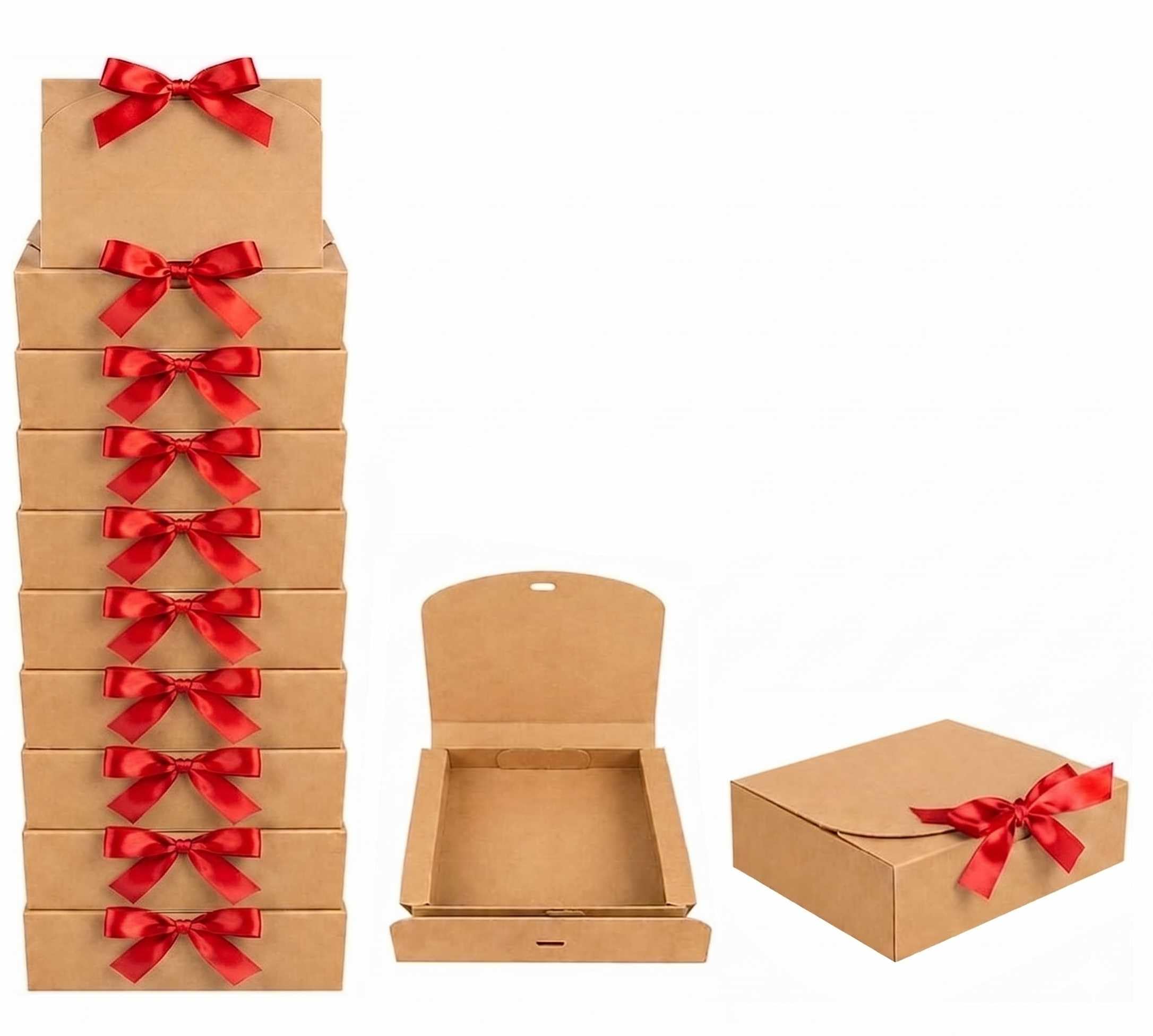 Emartbuy Brown Kraft Gift Box with Red Ribbon – 24 x 19.5 x 7 cm – Fits Perfume, Beauty Sets & Small Gift Hampers – Birthdays Weddings Christmas Corporate Gifting Trade Wholesale – Pack of 12