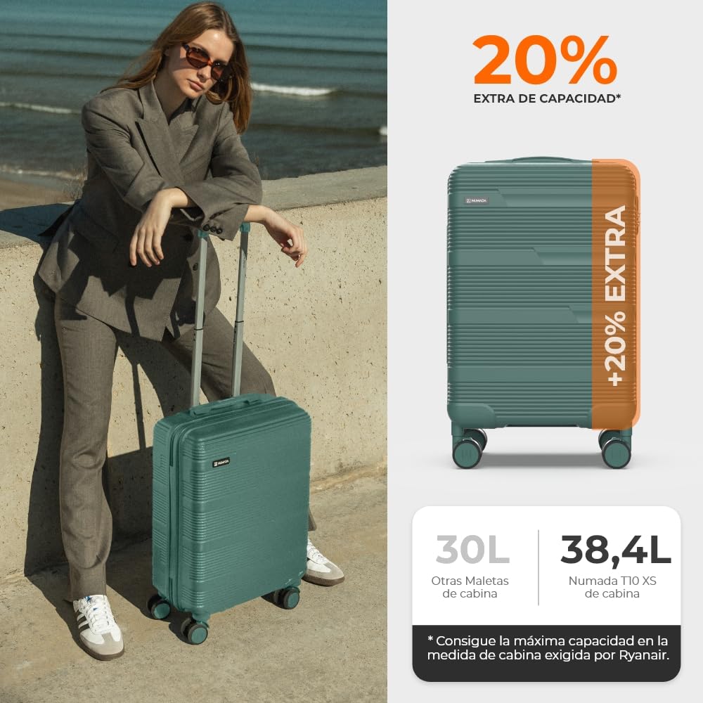NUMADA - Maleta de Viaje Cabina 55x40x20cm (38,4L) Upfly T10 XS Apta para Ryanair con Cierre de Combinación y 4 Ruedas. Maleta de Mano Rígida Resistente, Ligera con Interior Compartimentado | Verde