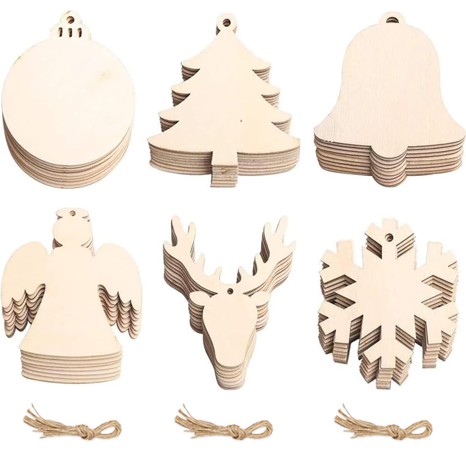 Cfoft Mix 60Pcs Wooden Decorations For Crafting, 6 Styles Wooden Christmas Tree Decorations With Holes And String, Christmas Decorations Include Snowflake, Bell, Reindeer, Christmas Tree