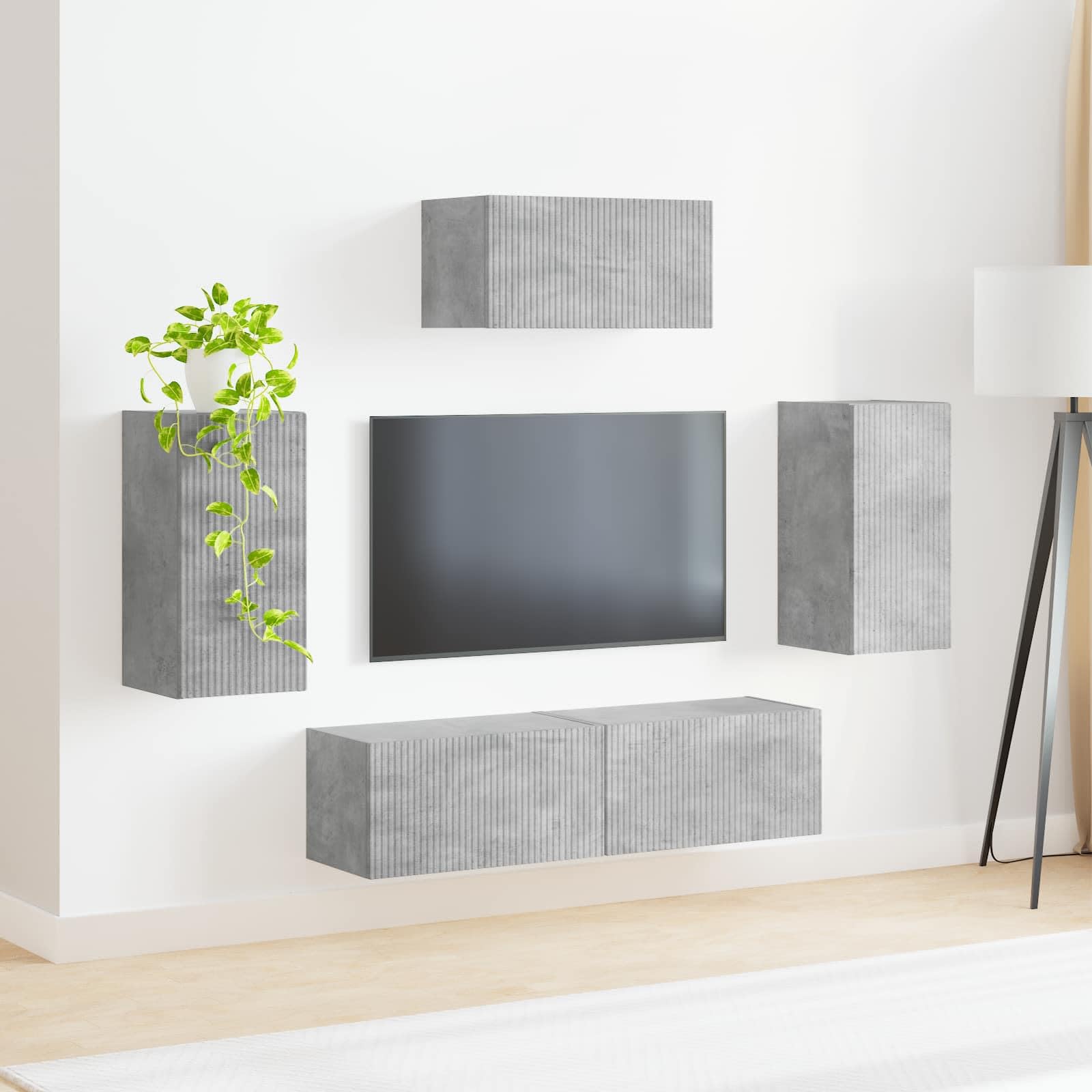 TV-Schrankset Wandmontiert 5-teilig, Beton Grau Holzwerkstoff, Modernes Media Center für Wohnzimmer, Elegante Aufbewahrungslösung