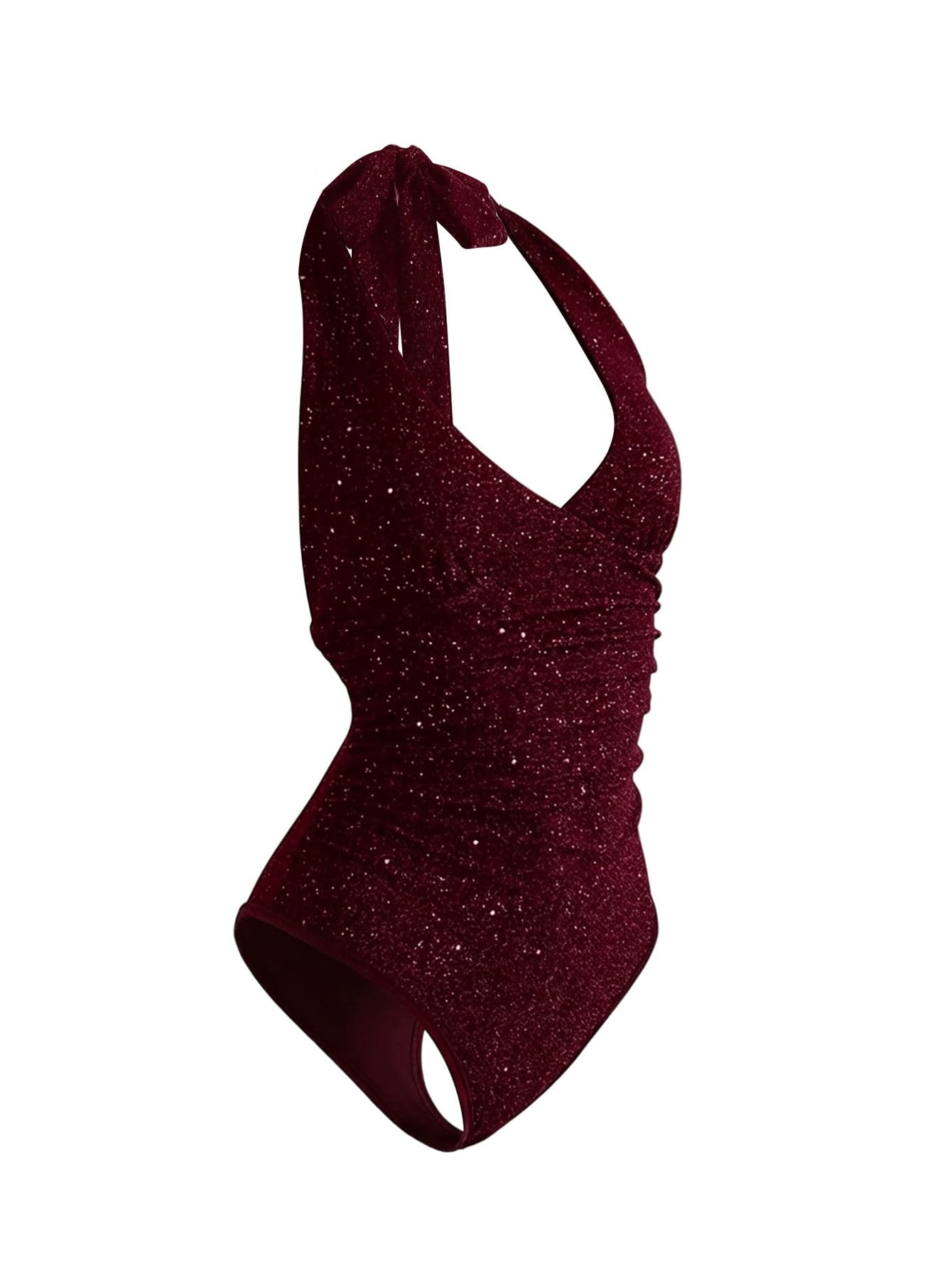 Photo 1 of Verdusa Women's Rave Glitter Sparkly Tops Tie Backless Halter Bodysuit Sleeveless Leotard Tops Burgundy Small