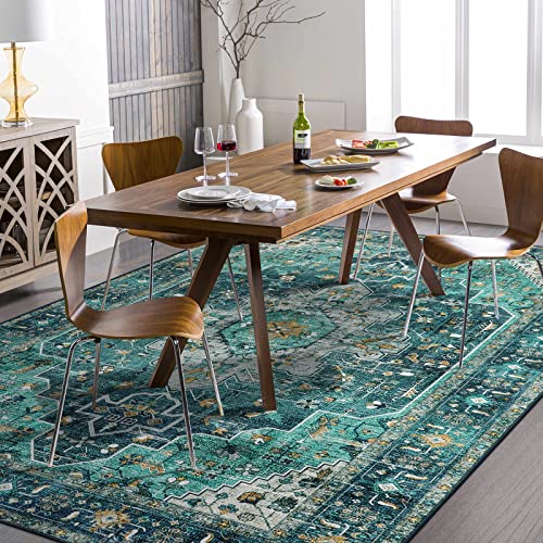 Moynesa Ultra-Thin Vintage Area Rug - 9x12 Large Living Room Rug, Non-Slip Stain Resistance Low Pile Bedroom Mat, Oriental Indoor Office Floor Carpet for Dining Room Kitchen Table Dorm