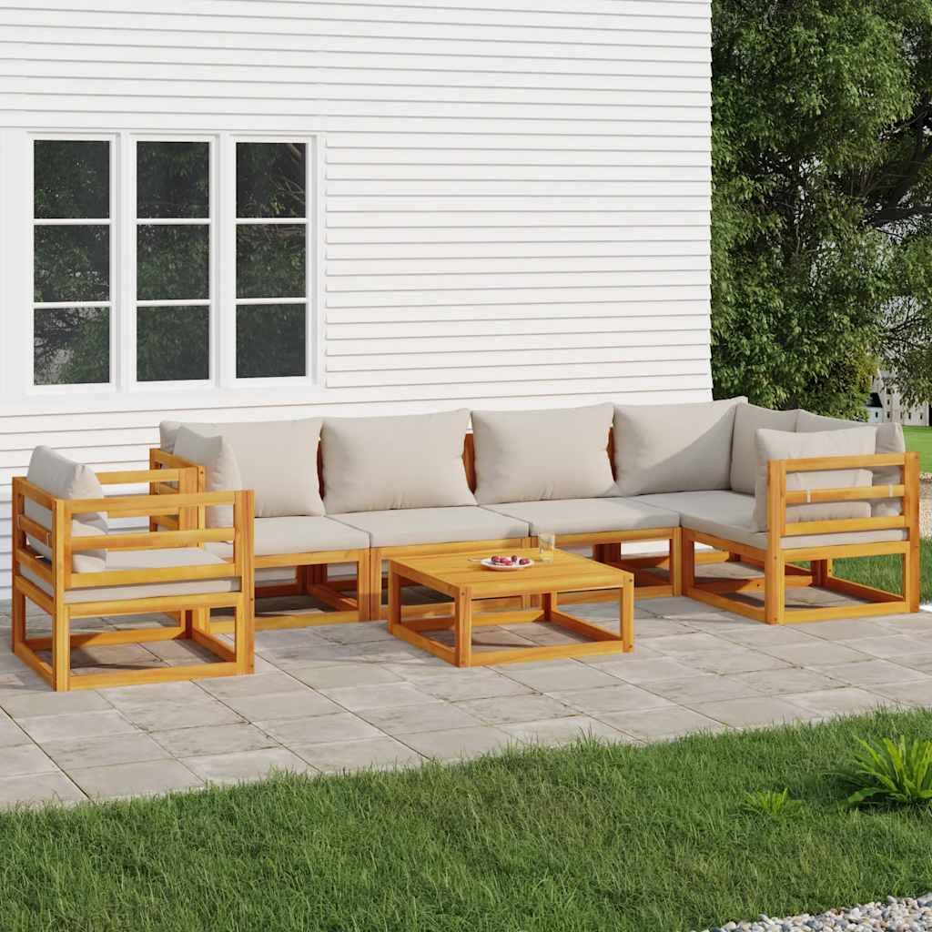 7-częściowy zestaw wypoczynkowy z litego drewna akacjowego z jasnoszarymi poduszkami, modułowa sofa ogrodowa do użytku na zewnątrz, z praktycznym stołem i grubo wyściełanymi poduszkami do