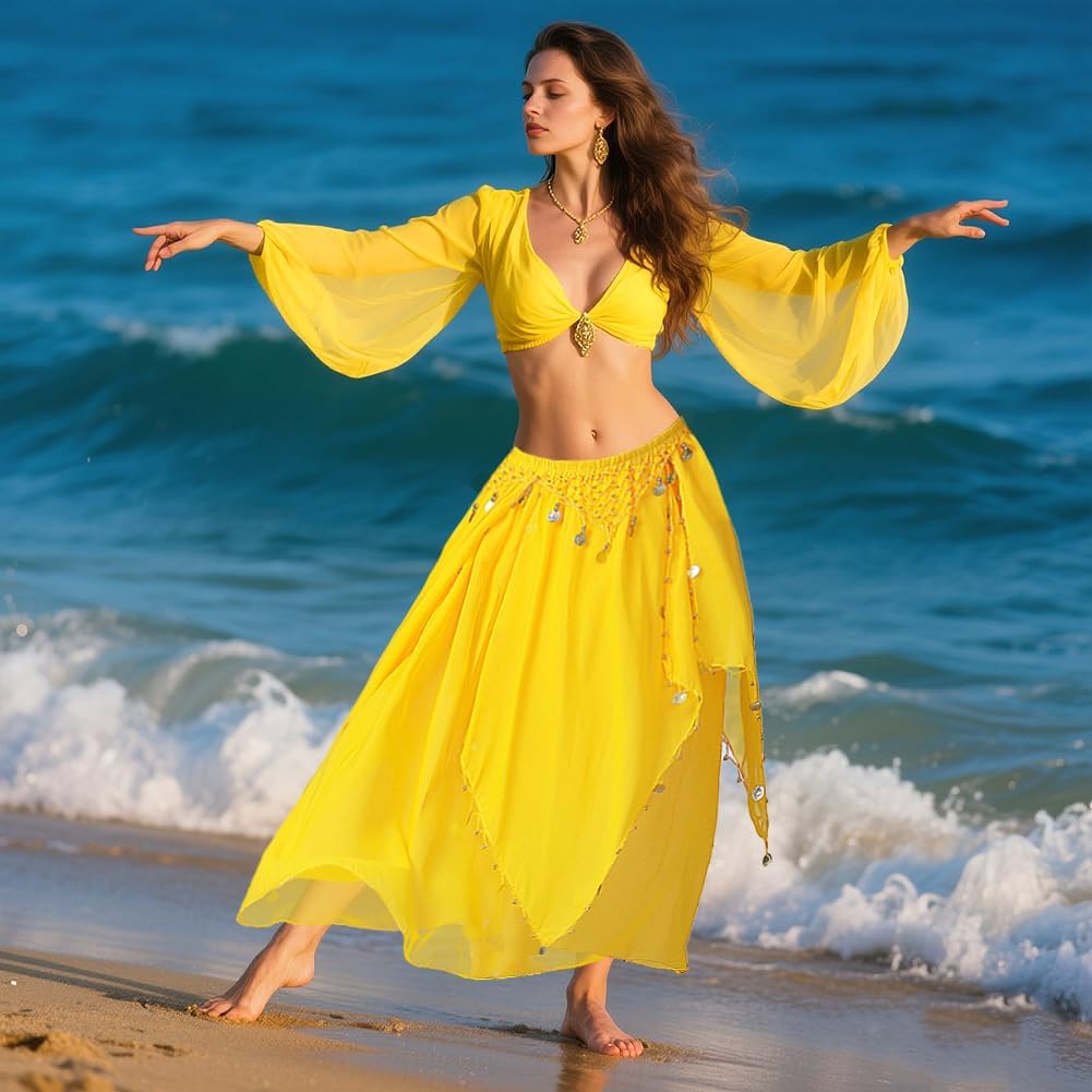 Belly Dance Skirt with Coins Chiffon Wrap Skirt for Women Hand-Sewn Metallic Coins Skirts Stage Performance & Yoga - Image 5