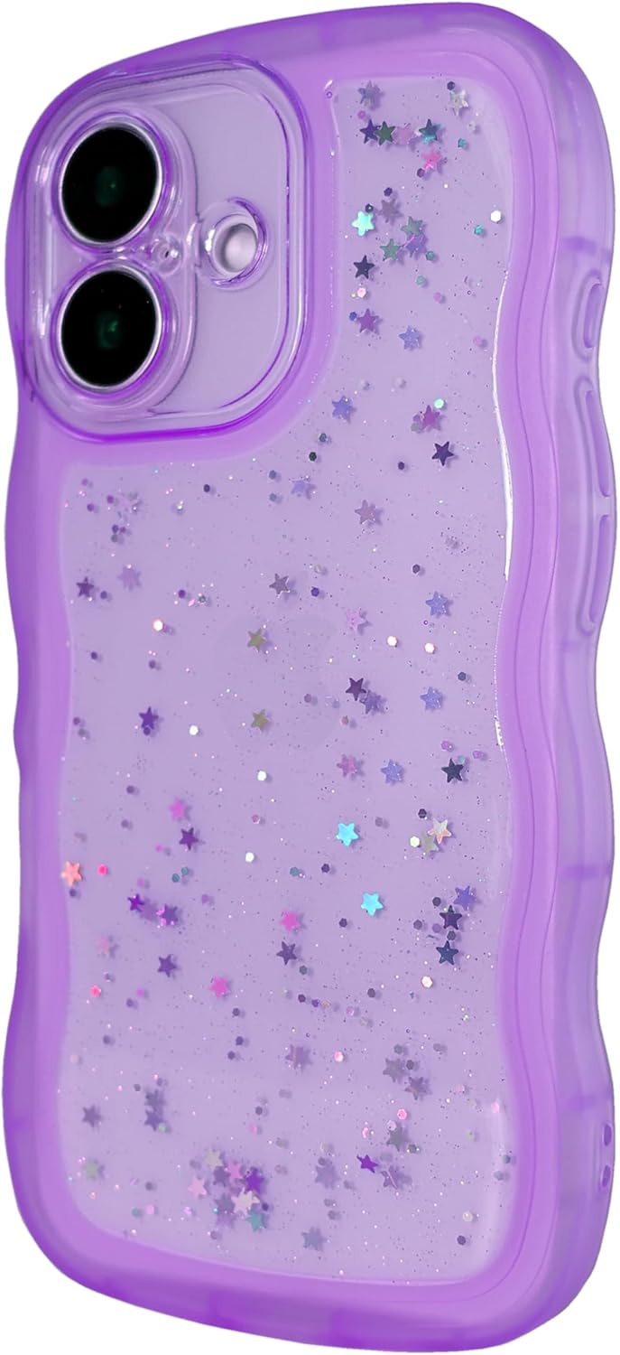 Qokey Compatible iPhone 16 Case, 6.1" Curly Wave Design, Transparent Bling Glitter Star Shiny, Cute Clear Transparent Shockproof Protection Soft Phone Cover for Women Girls, Purple - Image 2