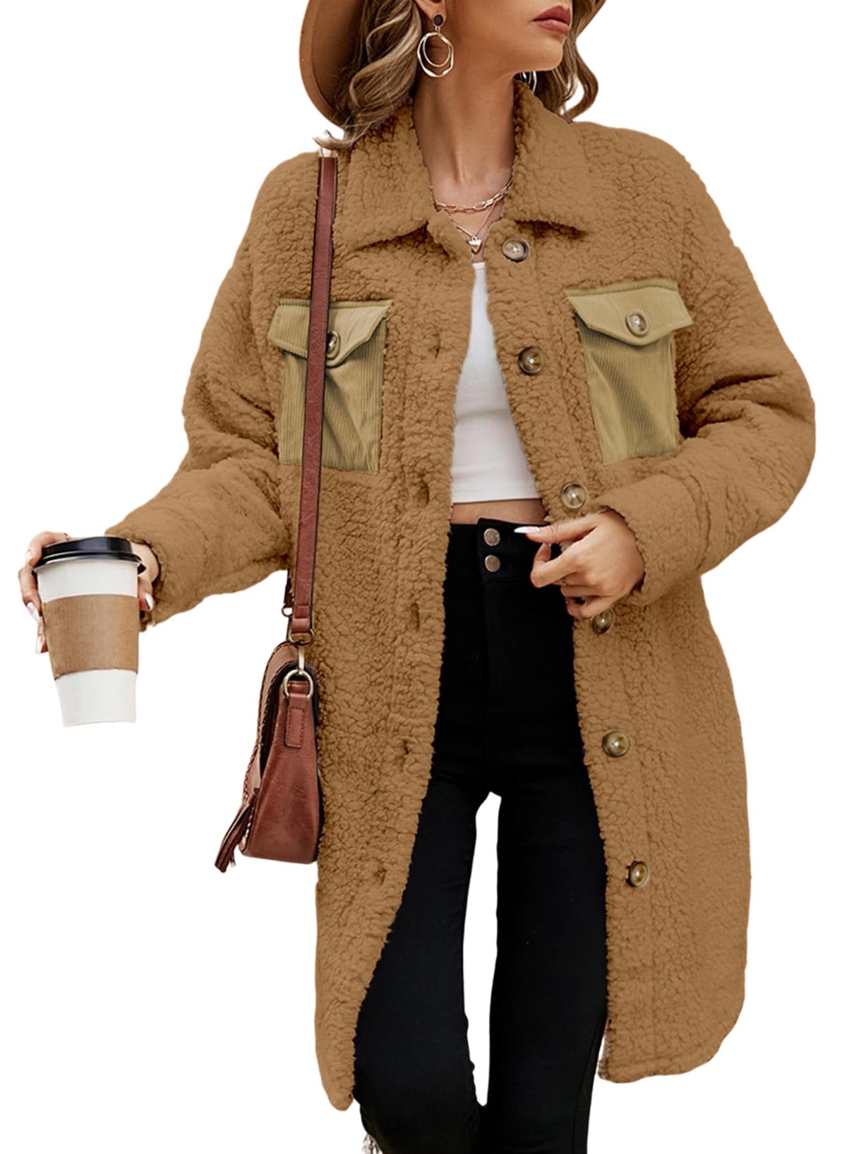 EVALESS Fuzzy Fleece Jackets for Women Fashion Long Sleeve Lapel Button Down Long Teddy Coat Faux Fur Warm Winter Outwear