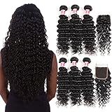 CYNOSURE Hair Deep Wave Bundles with Closure 100% Unprocessed Virgin Deep Wave Brazilian Hair 3 Bundles with Closure Free Part Natural Black Color (16 18 20+14inch closure)