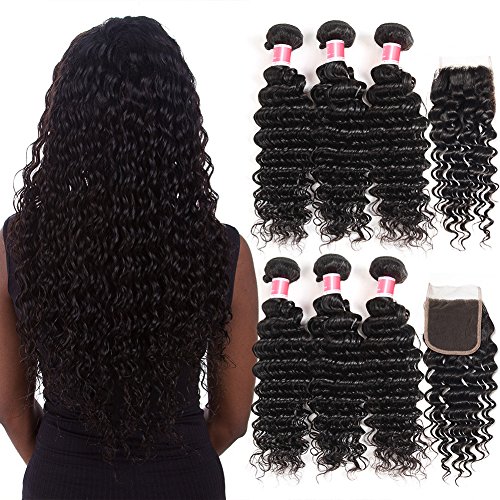 CYNOSURE Hair Deep Wave Bundles with Closure 100% Unprocessed Virgin Deep Wave Brazilian Hair 3 Bundles with Closure Free Part Natural Black Color (16 18 20+14inch closure)