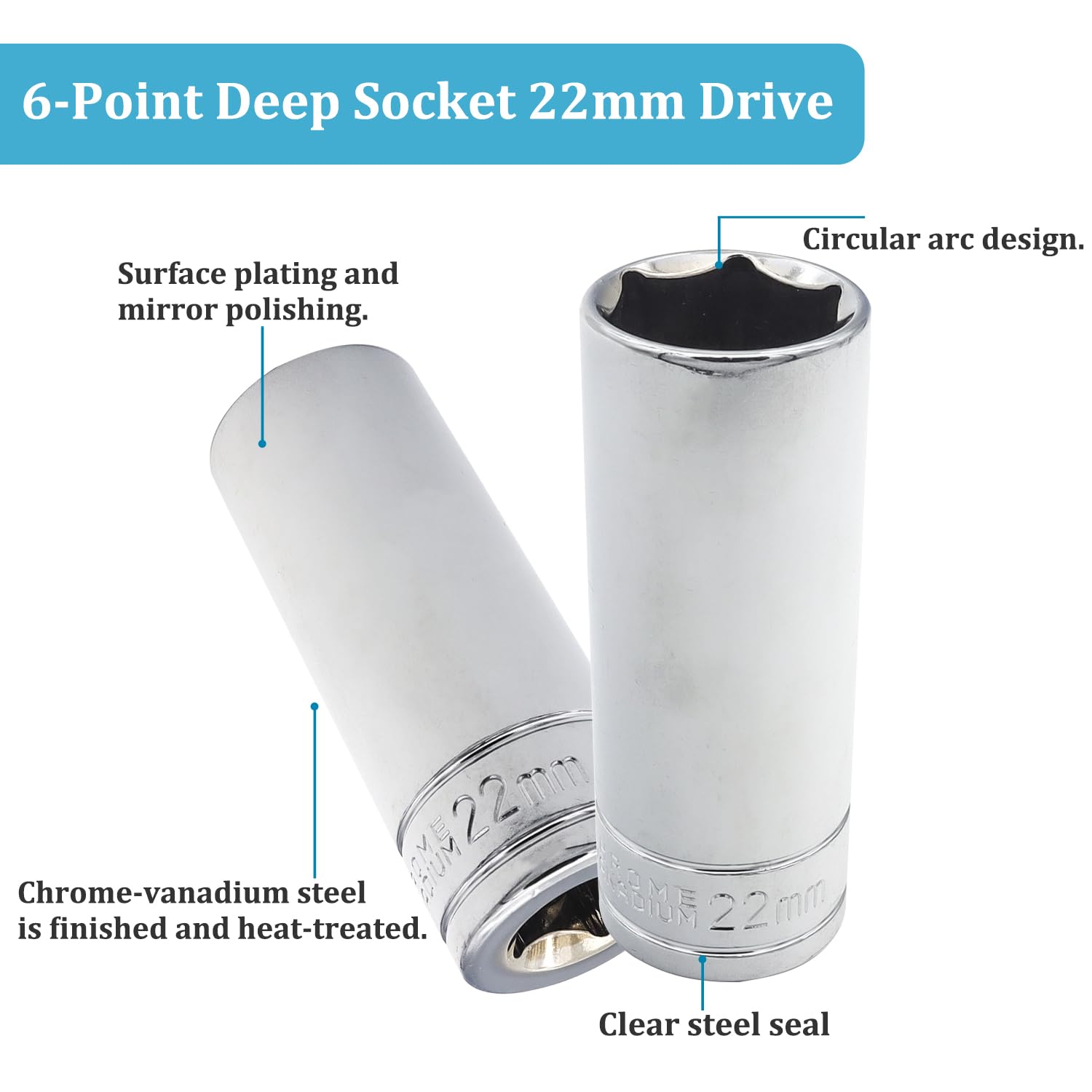 Juttzzei 6-Point Deep Socket, 1/2 Inch Drive 22mm Socket, Full Polishing CR-V Steel - Image 4
