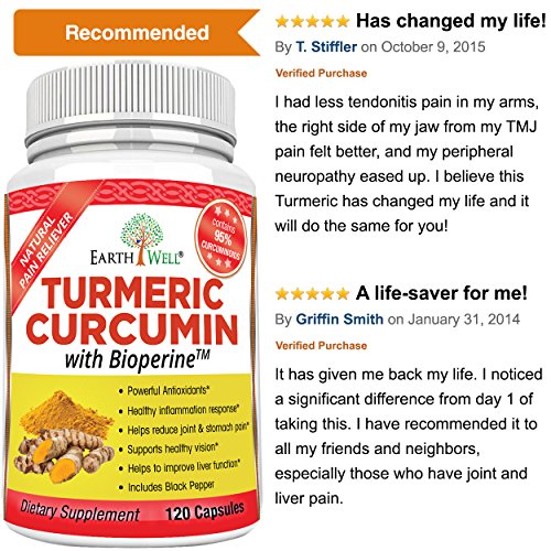 EarthWell Turmeric Curcumin Extract Anti-inflammatory Supplement, 650mg (120 Capsules)