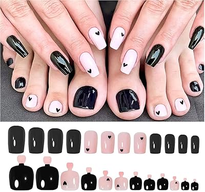 48 Pcs Press on Nails and Toenails Set Black Pink Ballerina Fake Nail Toenails Heart Medium Coffin Glossy False Nails FeetÂ with Adhesive Jelly glue Nail File for Women and Girlsï¼ˆBlack French Tipï¼‰