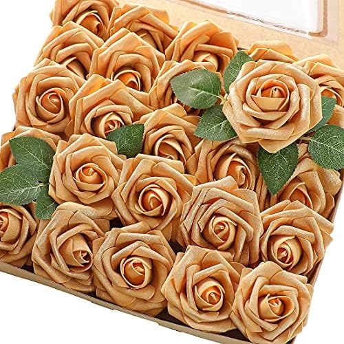 Higfra Artificial Flowers 25pcs Real Looking Gold Foam Fake Roses with Stems for DIY Wedding Bouquets White Bridal Shower Centerpieces Arrangements Mothers Day Party Tables Decorations
