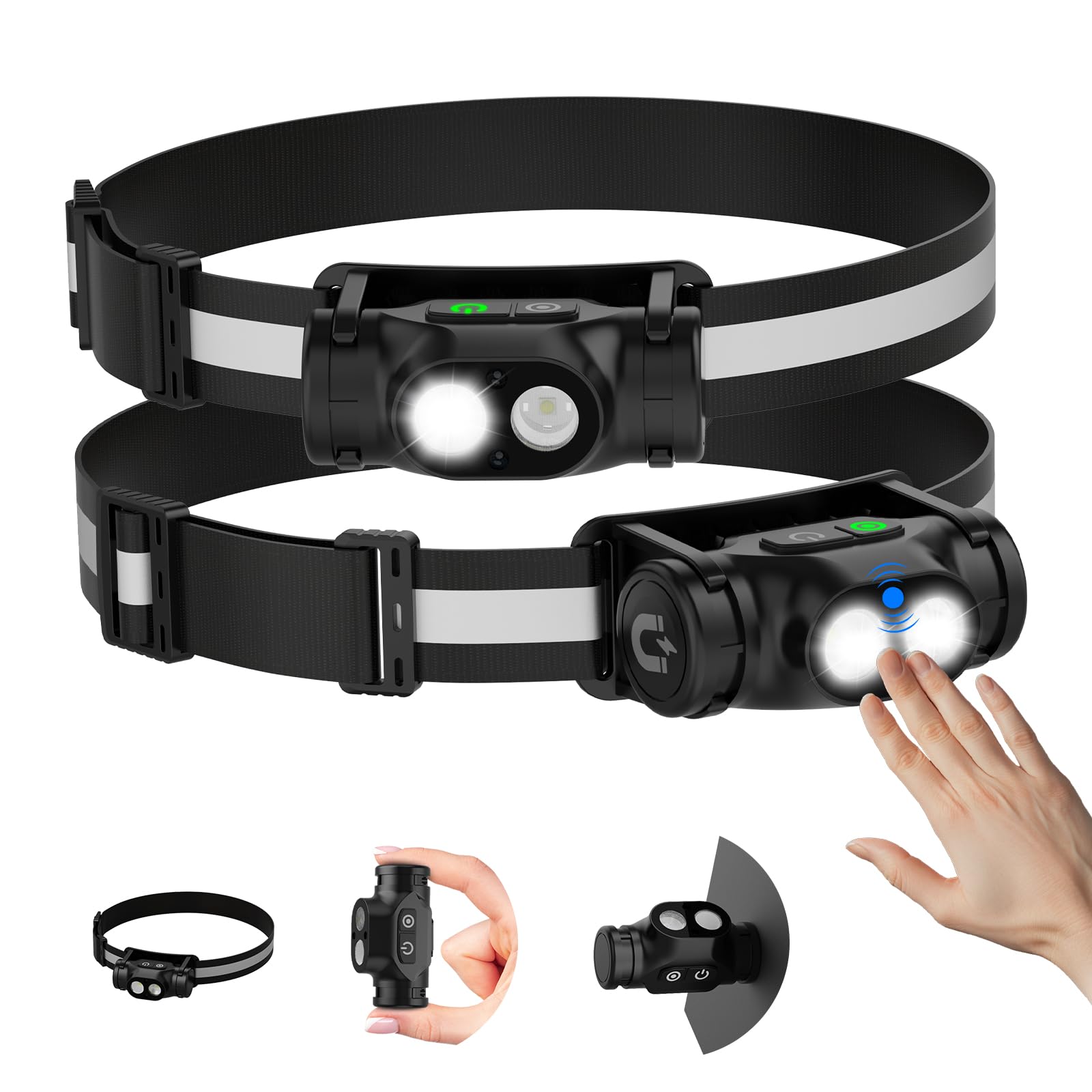 AdamStar Rechargeable Head Torch 2Packs, Detachable Waterproof Handheld Torches Led with Lightweight Reflective Strip Design, 4 Modes, Magnetic Base, Motion Sensor for Kids Adults Emergency, Hard Hat