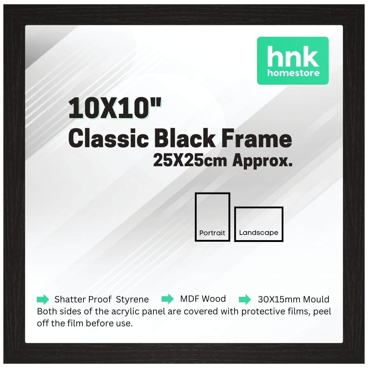 HNK Homestore Classic Picture Poster Frame, 10x10" Black Wood Finish, Square 25x25cm Frame