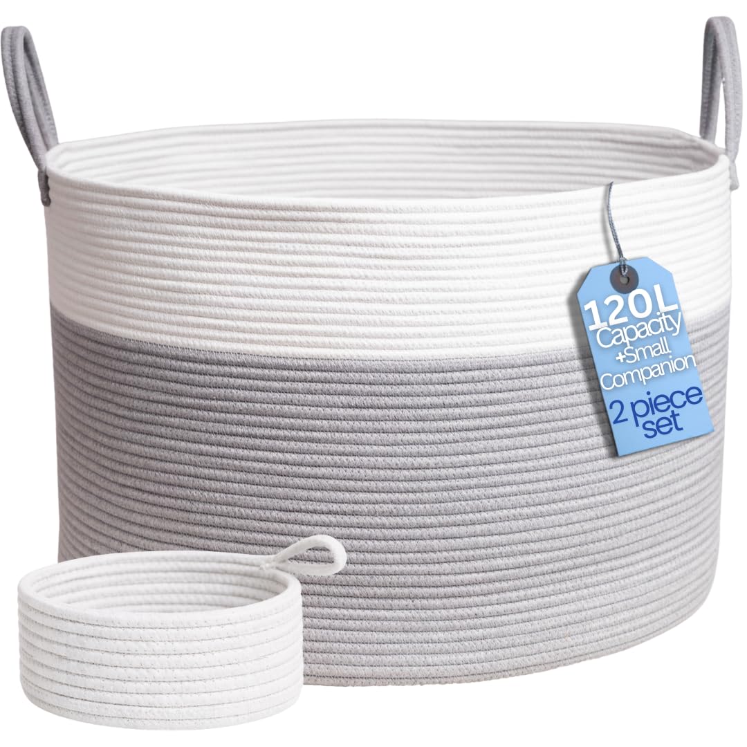 2pcs Super XXXL 120L +1 Small Companion Basket,Cotton Rope Storage Basket Set of 2, Basket with Handles 61cm x41cm for Laundry, Living Room,Bedroom & Nursery โ White & Grey - Bermondsey Division