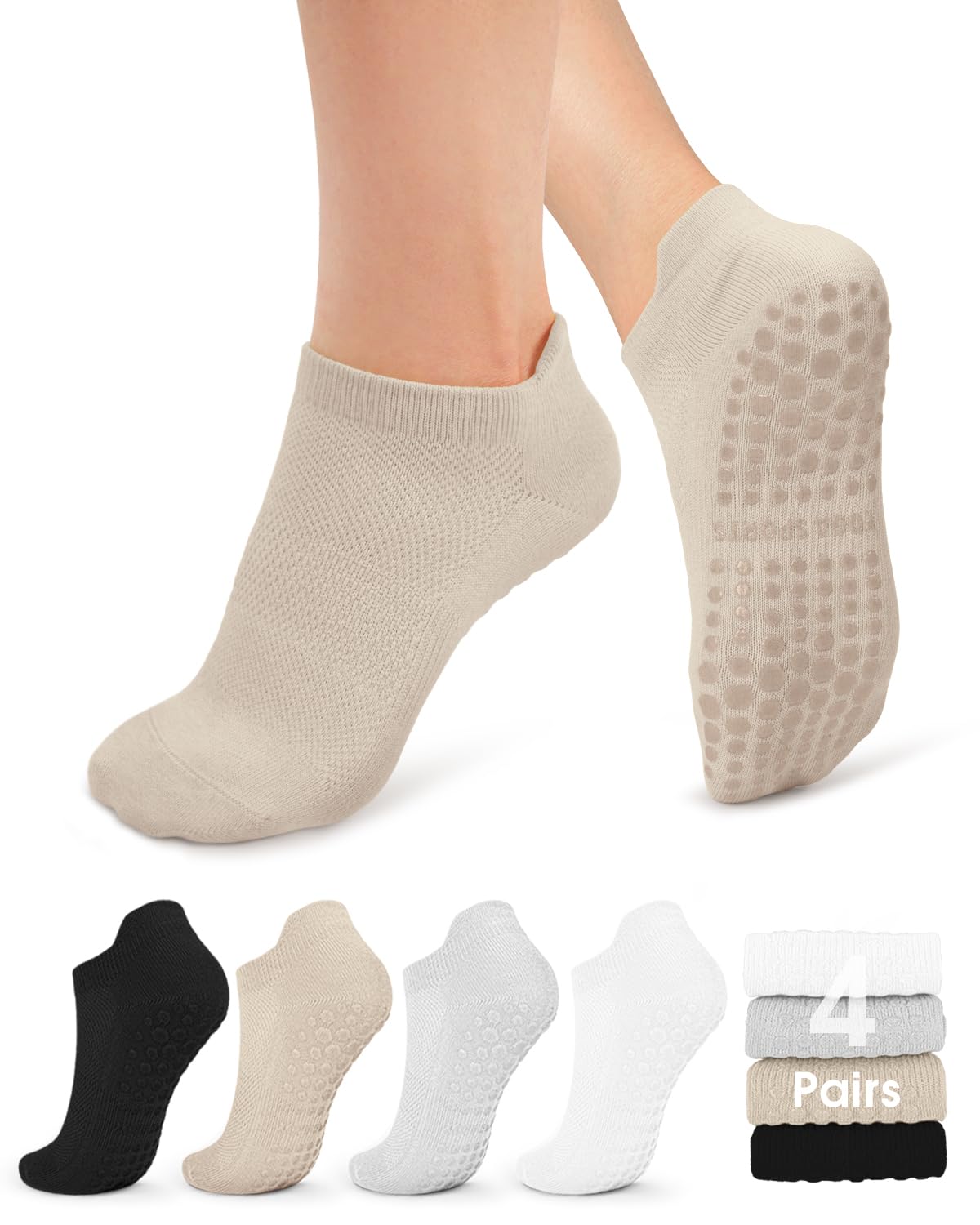 yeuG Pilates Socks for Women Non Slip Grip Socks for Yoga, Barre, Hospital, Barefoot Grippy Yoga Sock Womens Gifts 4 Pairs