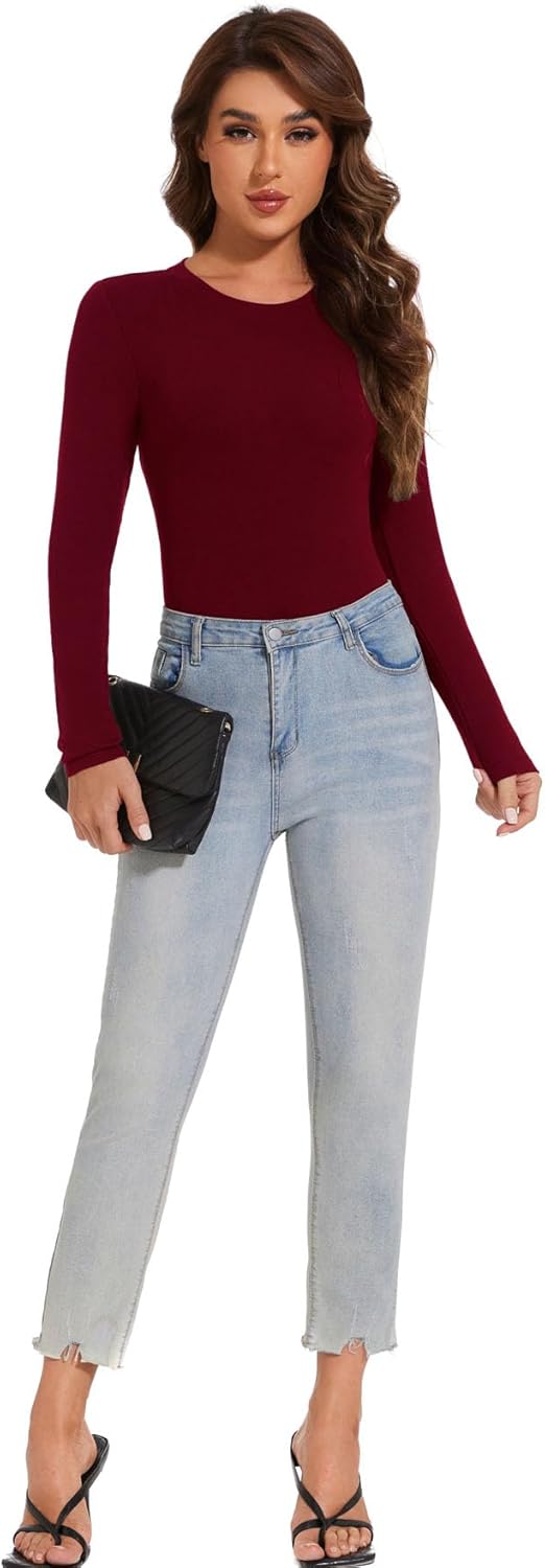 LUSMAY Women's Stretchy Ribbed Long Sleeve Bodysuit Casual Slimming One Piece Body Suit Shirts - Image 6