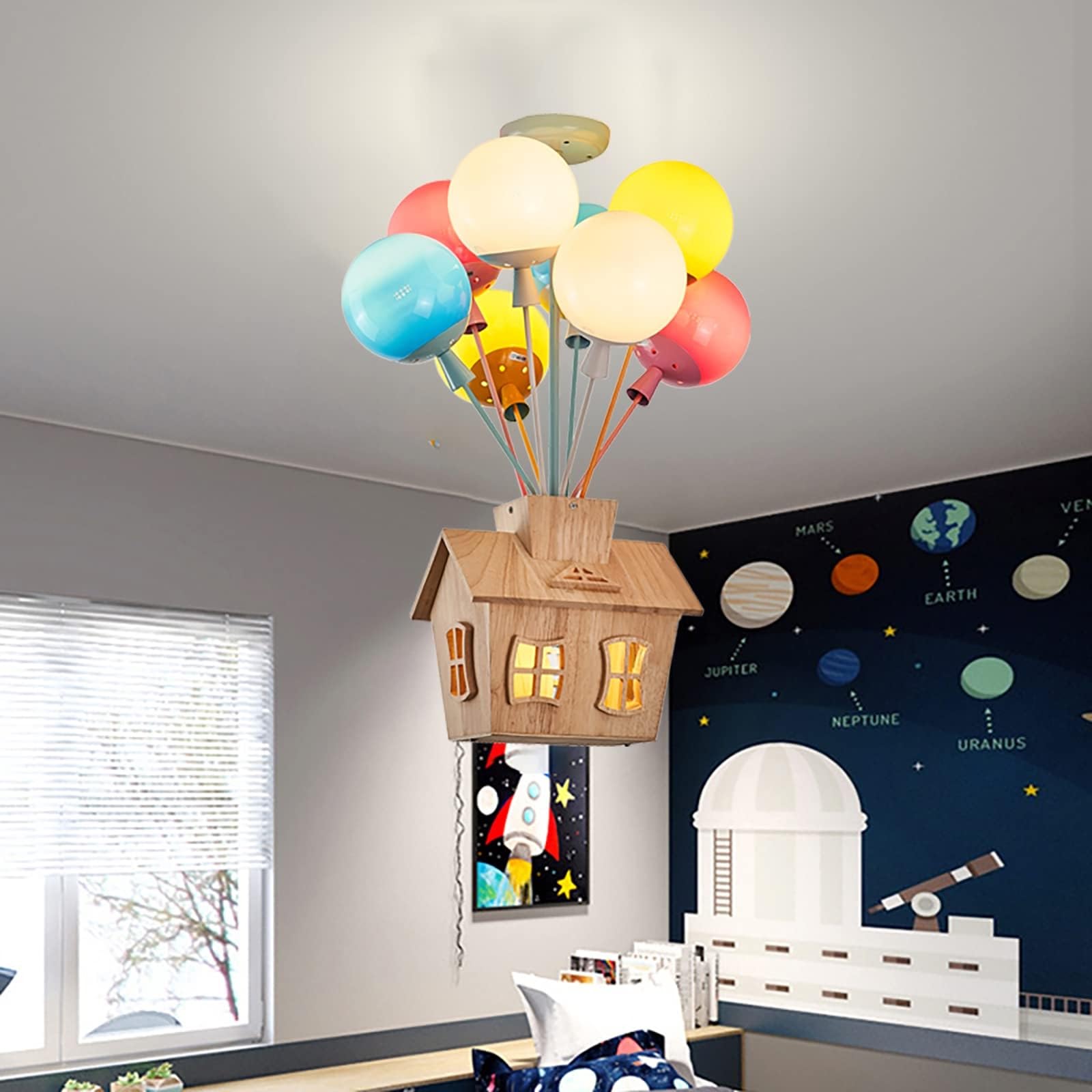 Plafoniera for cameretta dei bambini con telecomando, lampada a sospensione for bambini in legno a LED, lampada a palloncino in vetro rotonda, lampada a sospensione moderna a forma di cartone animato