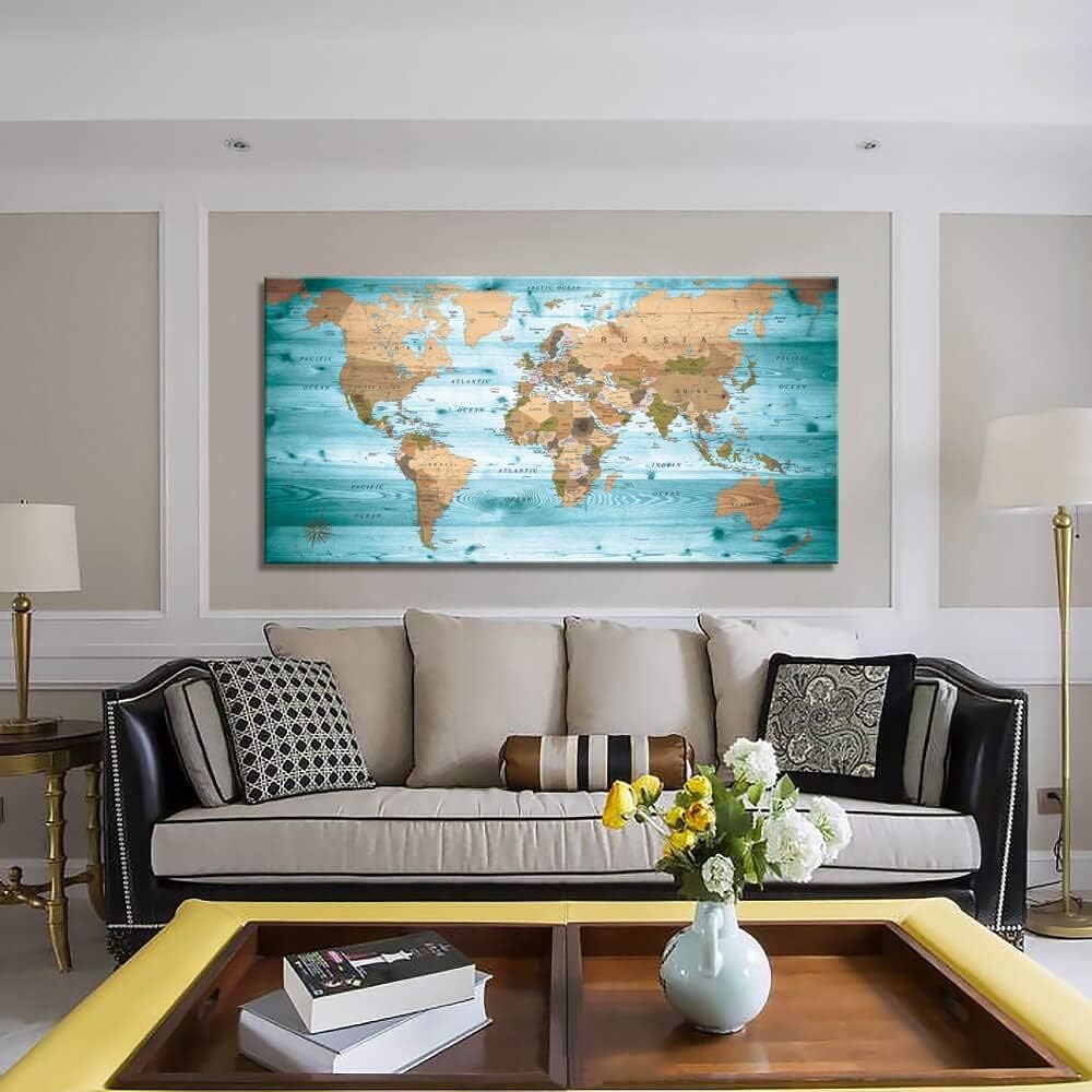 Amazon.com: Large Wall Art Blue map of The World Painting Ready to