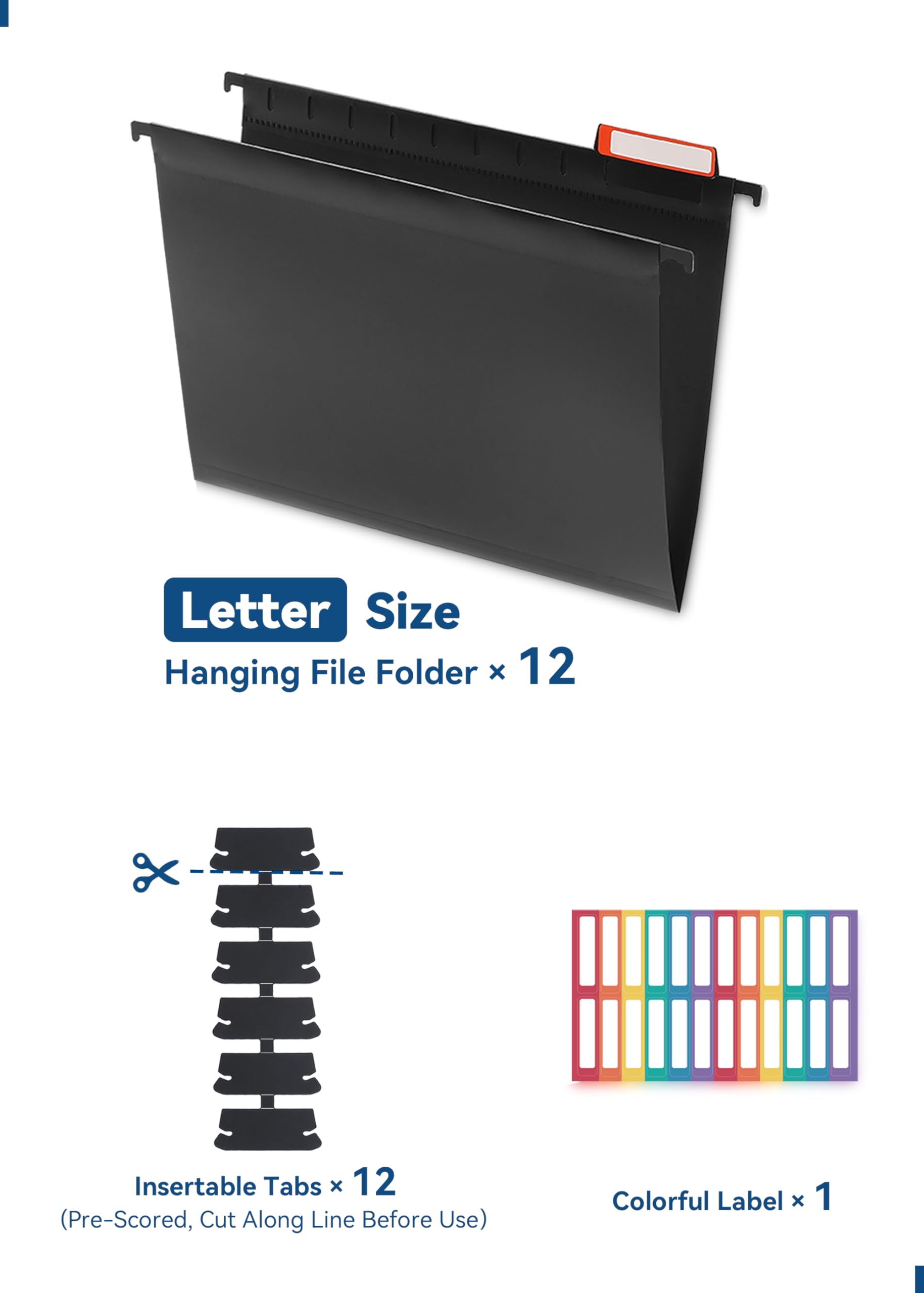 SortRax Plastic Hanging File Folders, Letter Size, 12 Pack Hanging Folders, with Insertable 1/5-Cut Tabs for Filing Cabinets: Matte Black