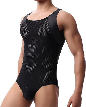 Mens Breathable Mesh Tank Top One Piece Wrestling Singlet Bodysuit Jumpsuit Leotard Briefs Underwear