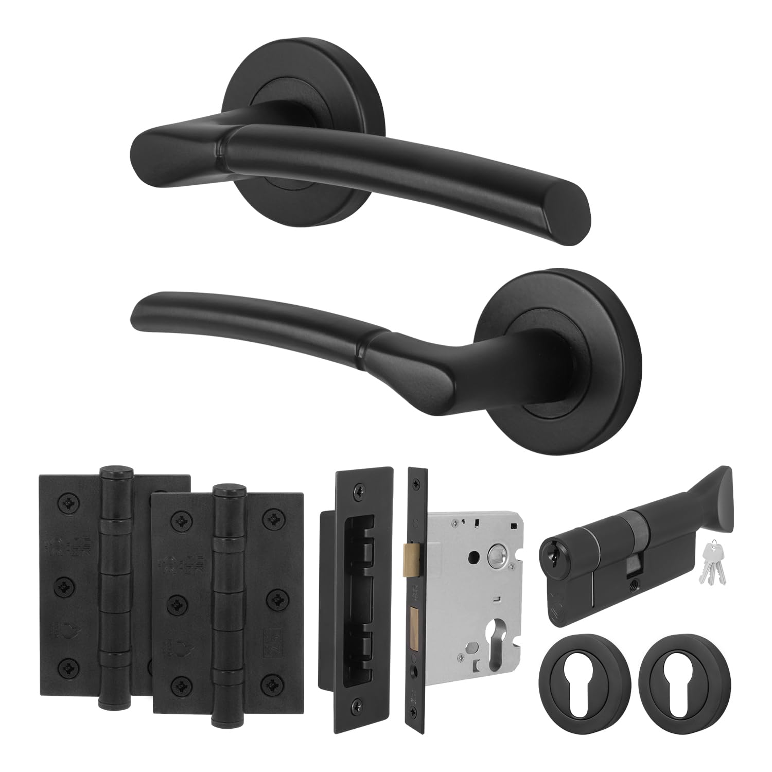 EAI Black Door Handle Euro Lock, Thumbturn Cylinder Set, 1 Pair Internal on Rose Matt Black Handle, Lock, Hinges - Bova Range