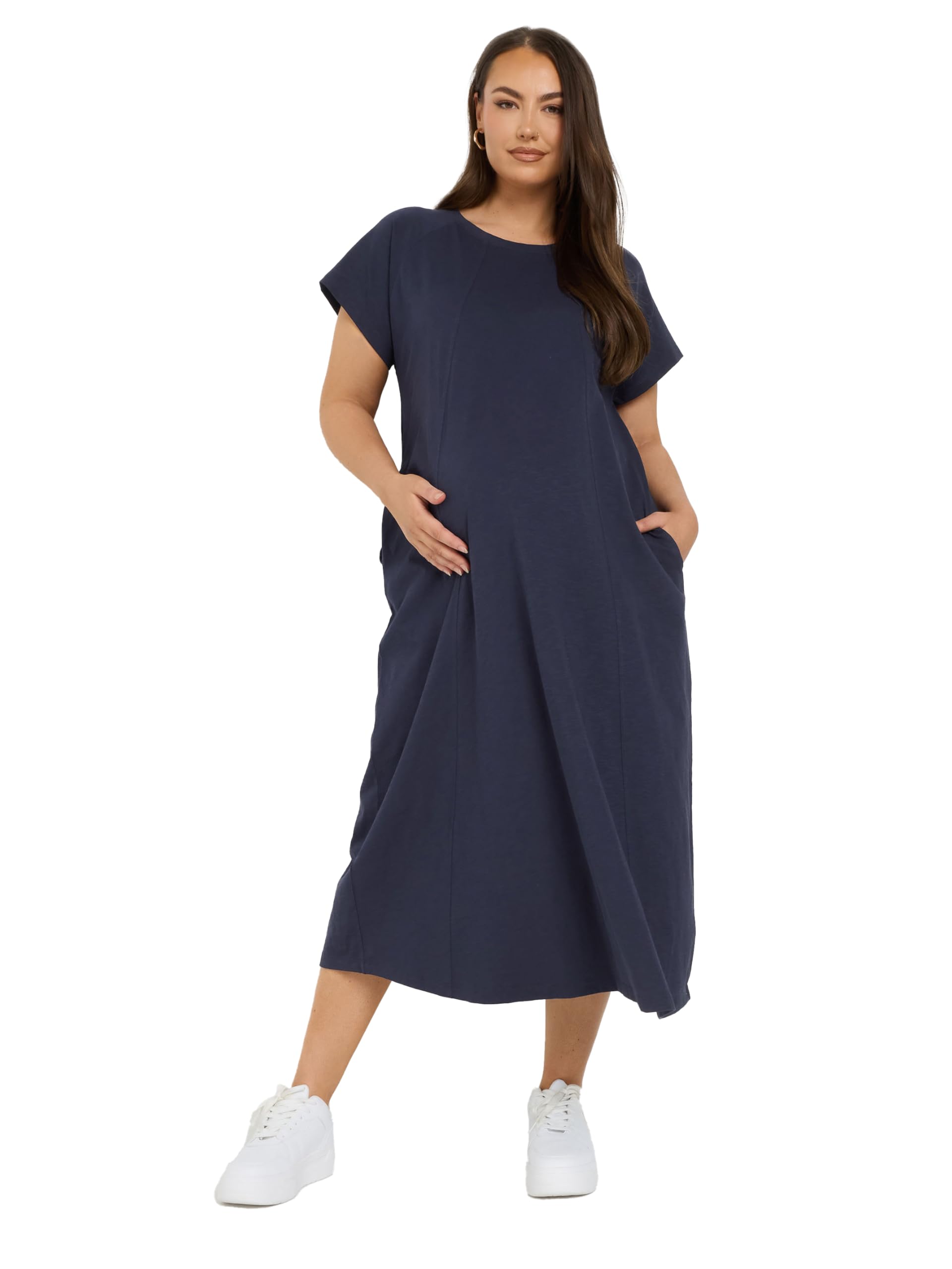Yours Women's Navy Bump It Up Maternity Curve Blue Soft Cotton Pocket Midi Swing Dress - Plus Size Curve