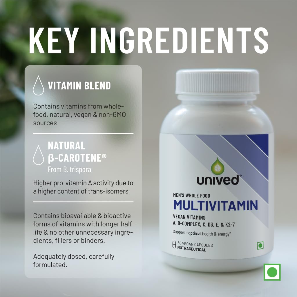 Unived Wholefood Multivitamin for Men | Vegan Plant-Based Multivitamins A, B-Complex, C, D3, E, & K2-7 | 100% Natural, Wholefood Plant Based, & Vegan | 60 Capsules Unived Wholefood Multivitamin for Men | Vegan Plant-Based Multivitamins A, B-Complex, C, D3, E, & K2-7 | 100% Natural, Wholefood Plant Based, & Vegan | 60 Capsules
