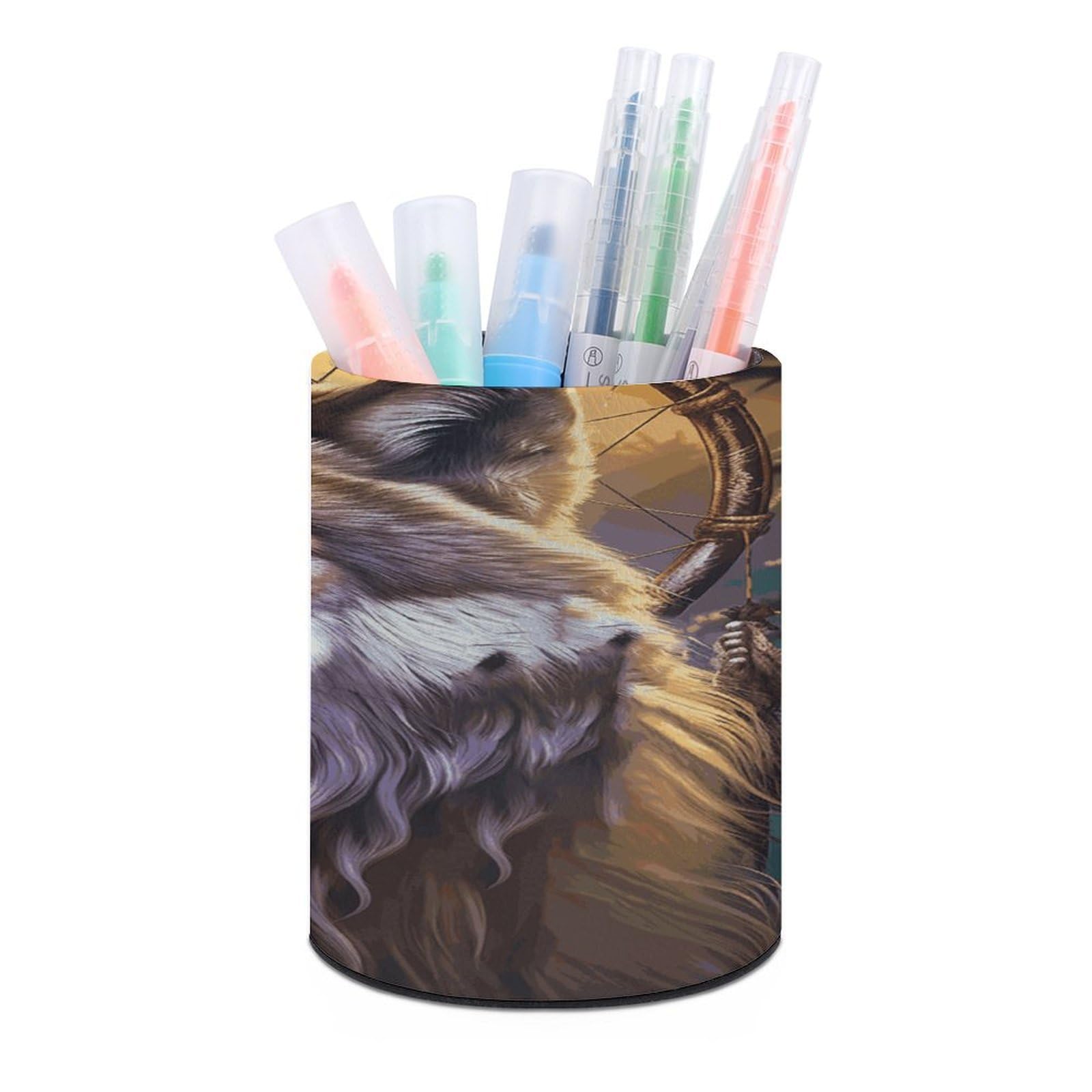 VstaDank Wolves And Dream Catchers Pen Holder Round Pencil Holder Cup Pen Container PU Leather Desk Organizer Stand Decor Brush Scissor Holders Decoration Office Desk Home (3.1 X 3.9 Inches)