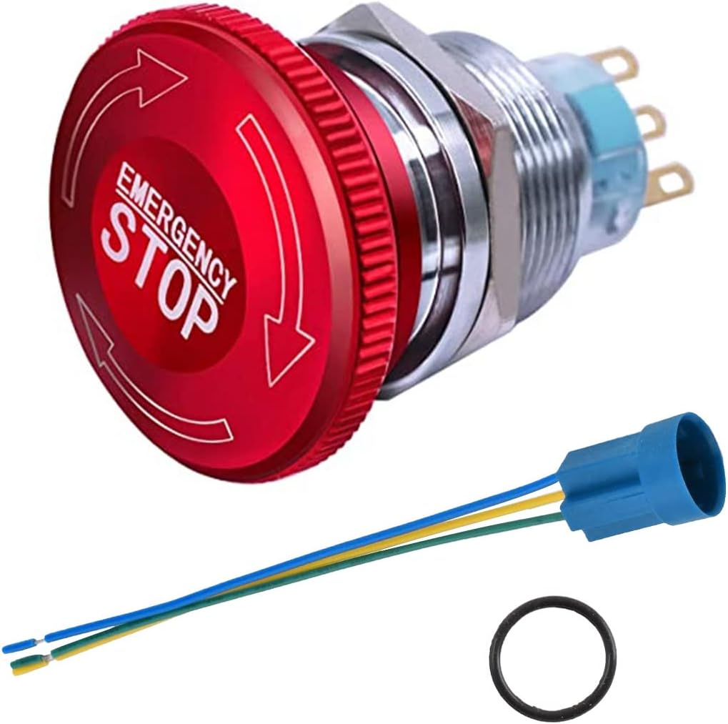 Paialu 1Pcs 22mm Emergency Stop Push Button Switch, 3 Pin Latching Stainless Steel Metal 1NO 1NC Pushbutton Switches with Connection Plug - 7/8" Mouting Hole Emergency Push Button Switch