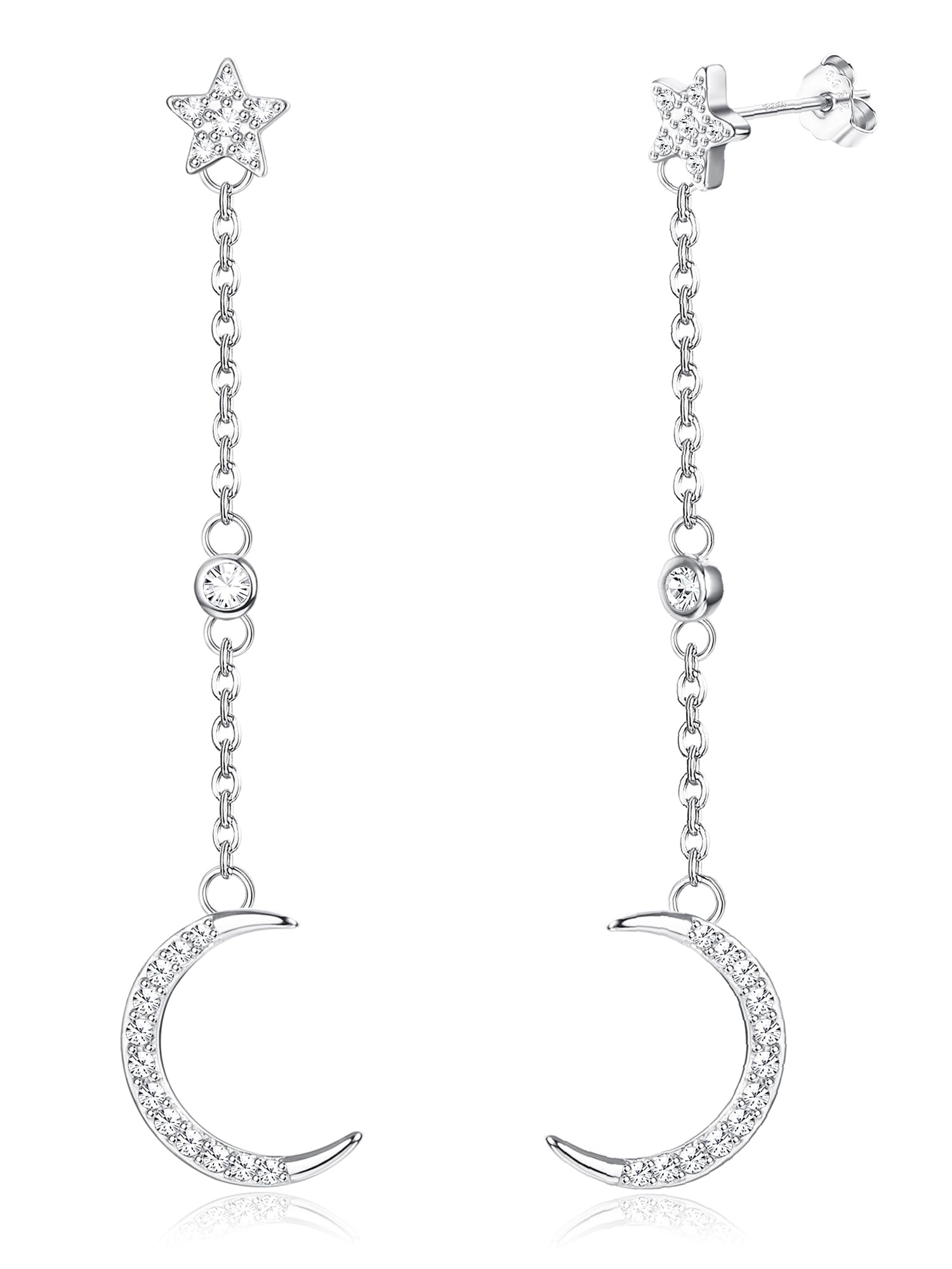 MILACOLATO Pendientes Colgantes Para Mujer Plata De Ley 925 Zirconia Luna y Estrella Aros Colgantes Hipoalergénicos, Delicada Cadena Larga Luna Estrella Aretes Pendientes Bisuteria Regalo De Joyería