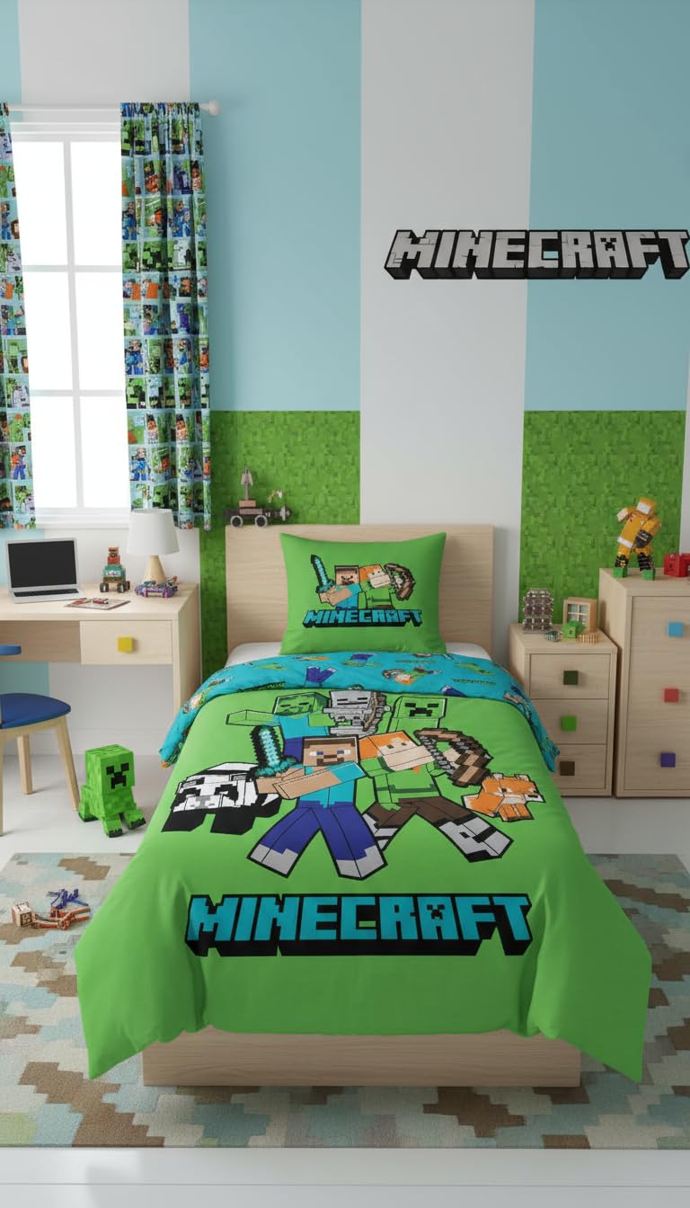 BrandMac Minecraft Pościel w rozmiarze pojedynczym, poszewka na kołdrę 140 x 200 cm + poszewka na poduszkę 60 x 65 cm, 100% bawełna, miękki, kolorowy i dwustronny zestaw pościeli dla dzieci, Minecraft
