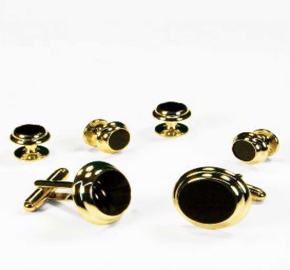 David's Formal Wear Black Onyx Double Circle Edge Tuxedo Studs and Cufflinks Gold Trim