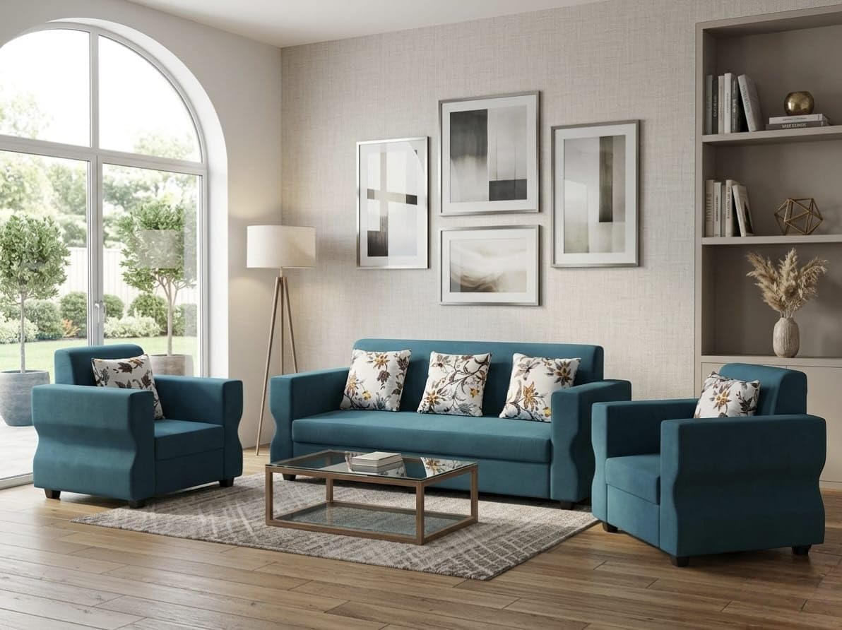 G-OMEN Nexus Fabric 3+1+1 Sofa Set | 5 Seater Sofa Set | Comfortable Sofa for Living Room & Bedroom | Premium Suede Velvet Mosha Fabric | DIY Assembly | Durable Frame | 1 Year Warranty - Aqua Blue-image-42